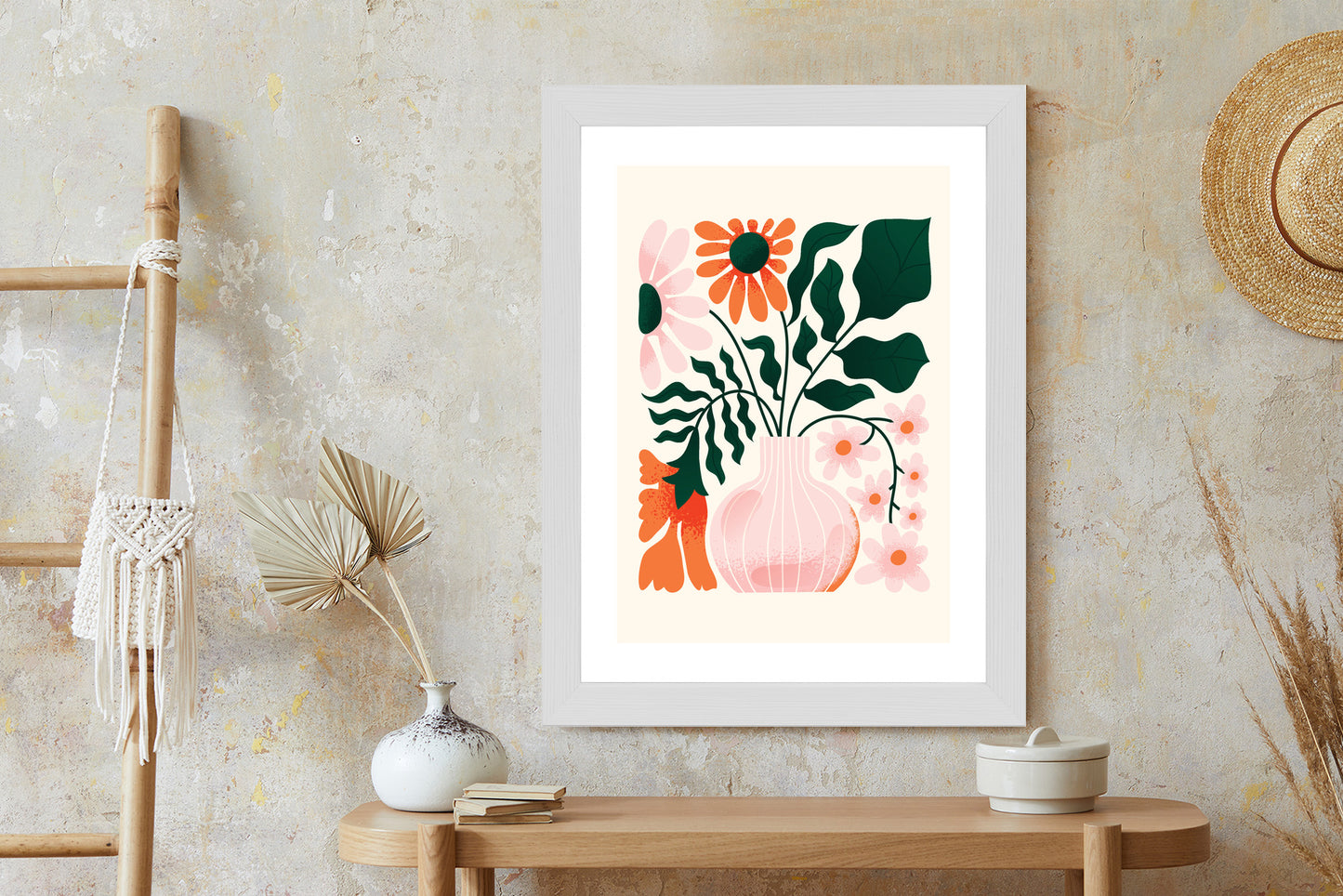 Poster Ein Blumenstrauß In Einer Rosa Vase Rahmen Holz Mit Passepartout Farbe Natürlich