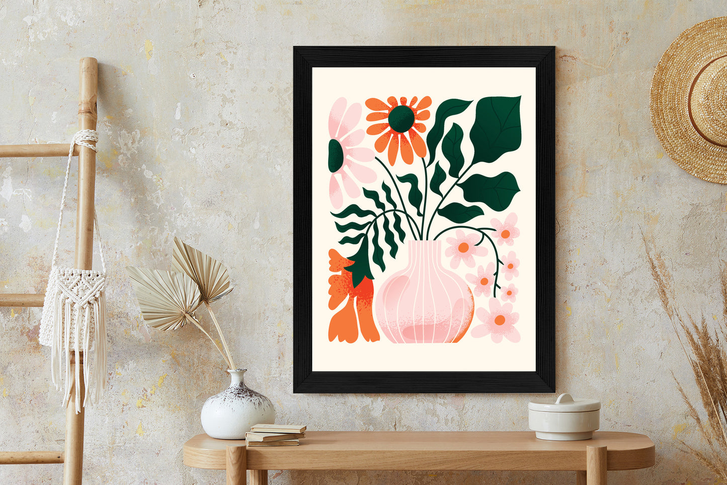 Poster Ein Blumenstrauß In Einer Rosa Vase Rahmen Holz Mit Passepartout Farbe Natürlich