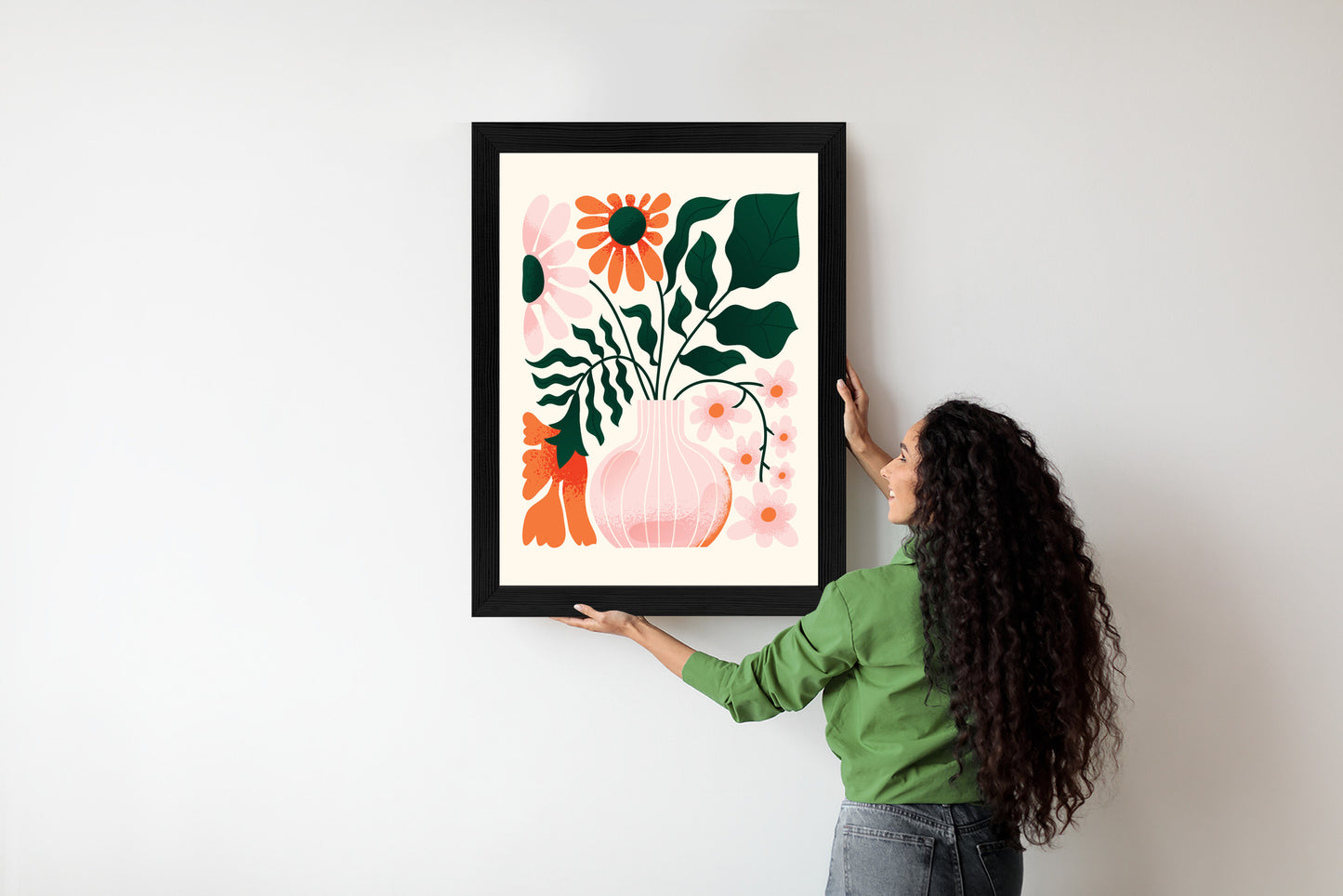 Poster Ein Blumenstrauß In Einer Rosa Vase Rahmen Holz Mit Passepartout Farbe Natürlich