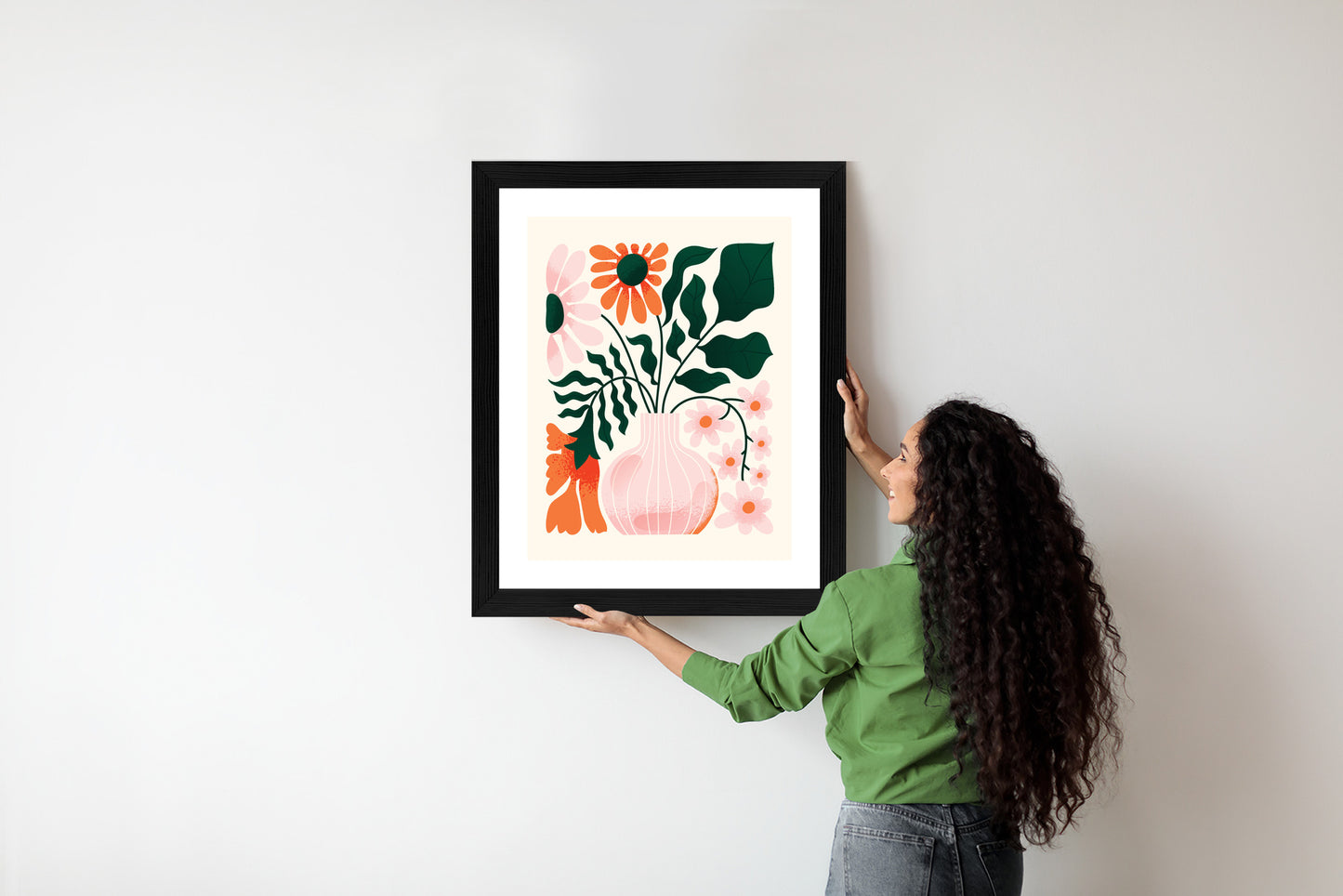 Poster Ein Blumenstrauß In Einer Rosa Vase Rahmen Holz Mit Passepartout Farbe Natürlich