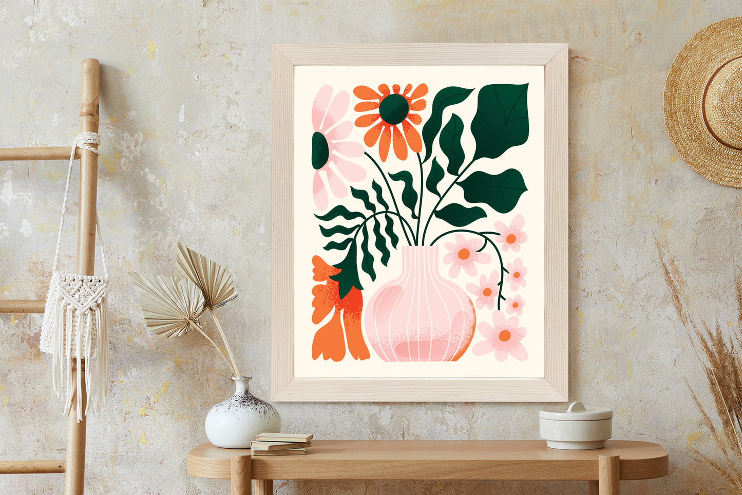 Poster Ein Blumenstrauß In Einer Rosa Vase Rahmen Holz Mit Passepartout Farbe Natürlich