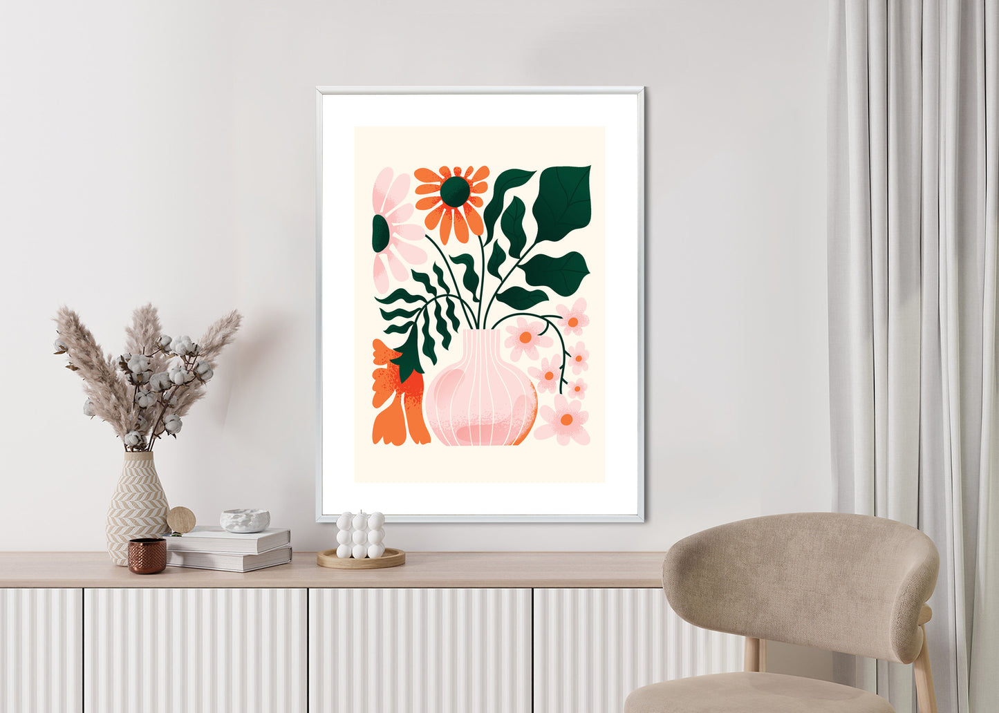 Poster Ein Blumenstrauß In Einer Rosa Vase Rahmen Holz Mit Passepartout Farbe Natürlich