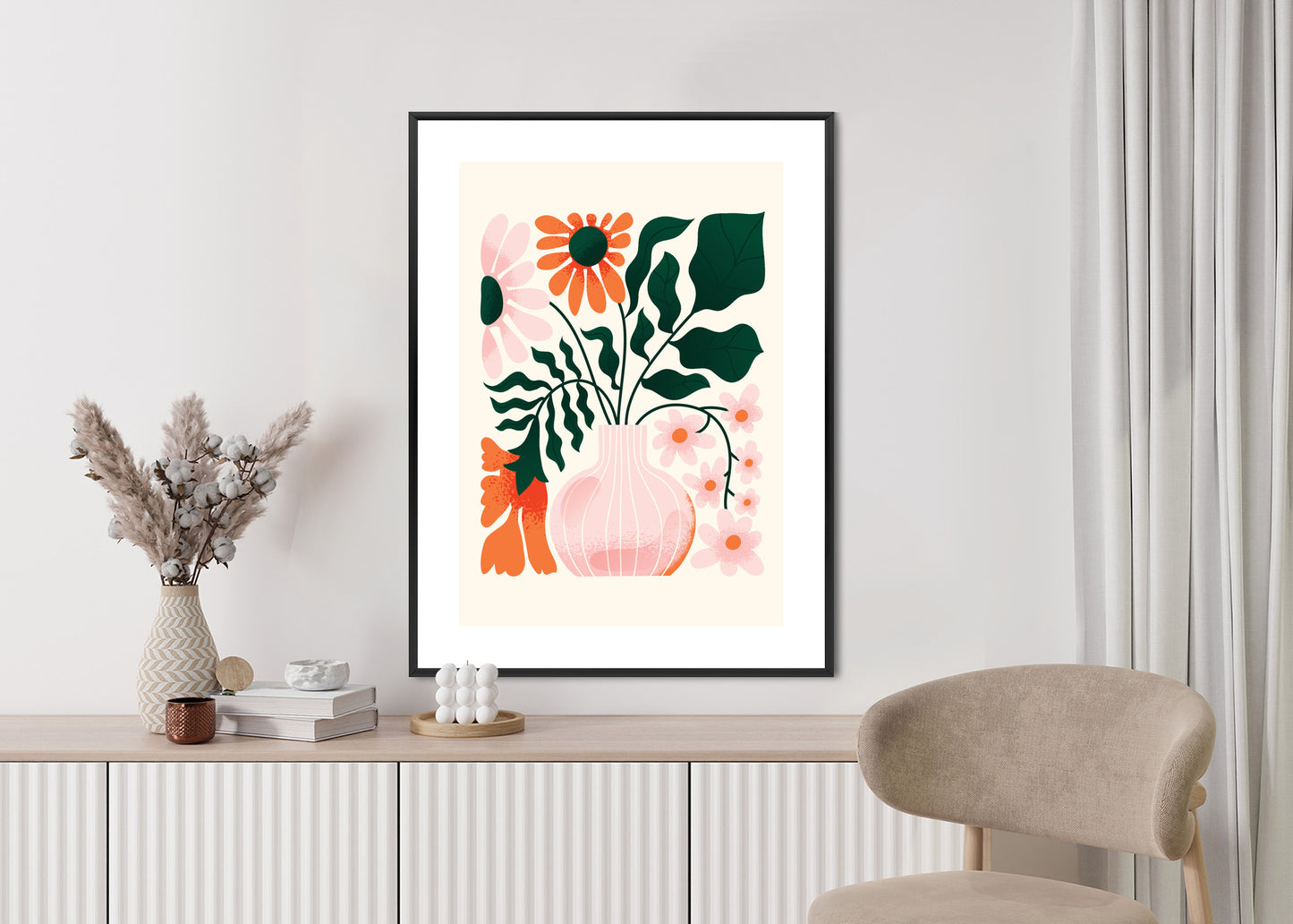 Poster Ein Blumenstrauß In Einer Rosa Vase Rahmen Holz Mit Passepartout Farbe Natürlich