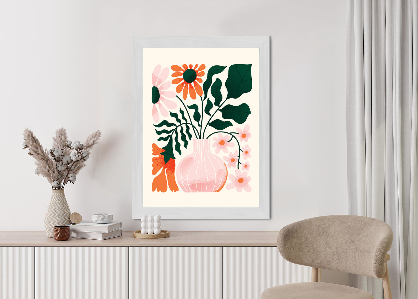 Poster Ein Blumenstrauß In Einer Rosa Vase Rahmen Holz Mit Passepartout Farbe Natürlich