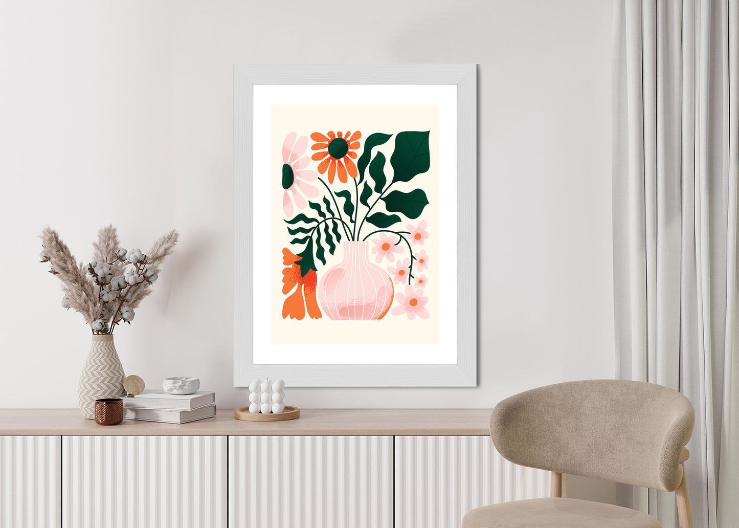 Poster Ein Blumenstrauß In Einer Rosa Vase Rahmen Holz Mit Passepartout Farbe Natürlich