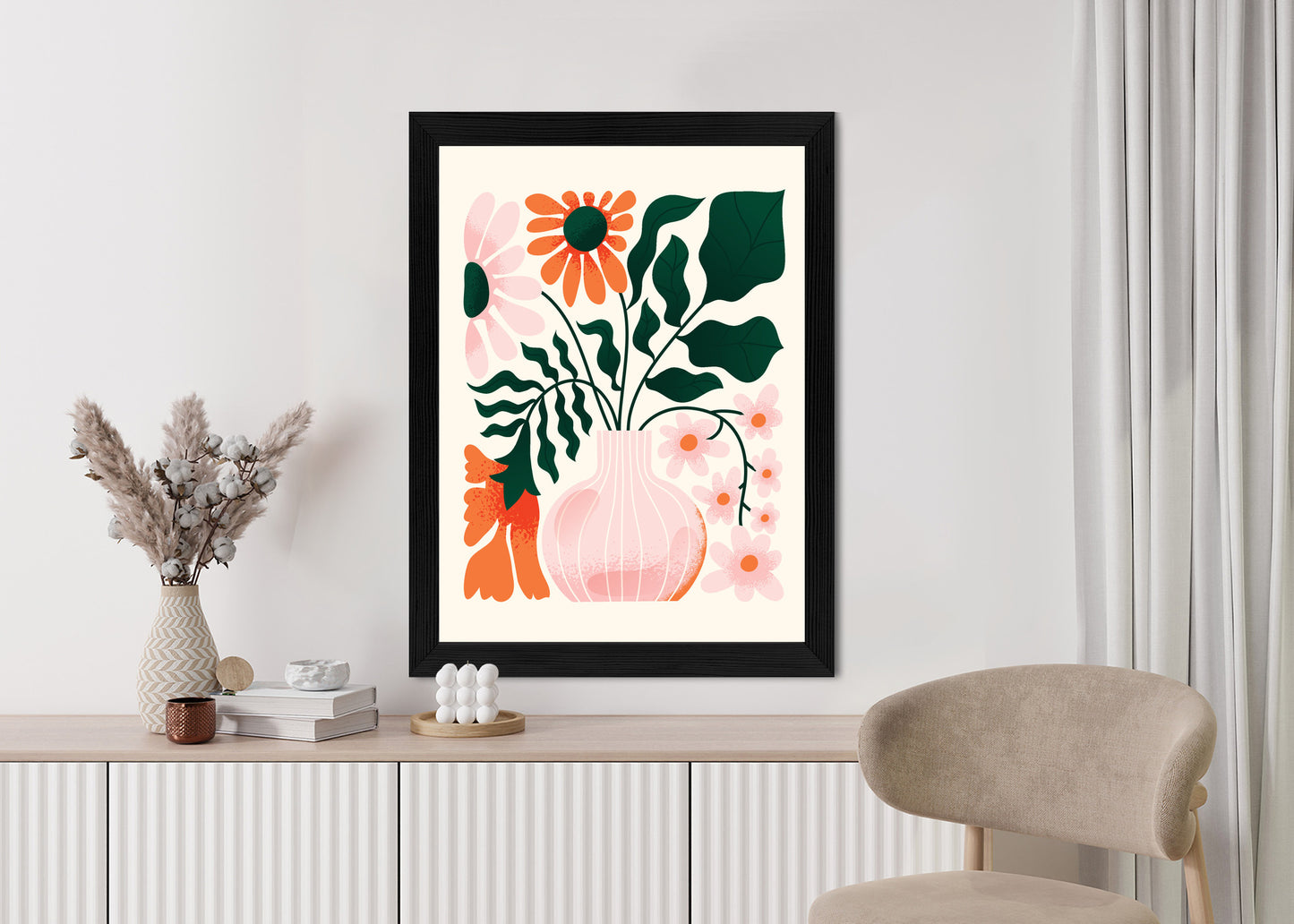 Poster Ein Blumenstrauß In Einer Rosa Vase Rahmen Holz Mit Passepartout Farbe Natürlich