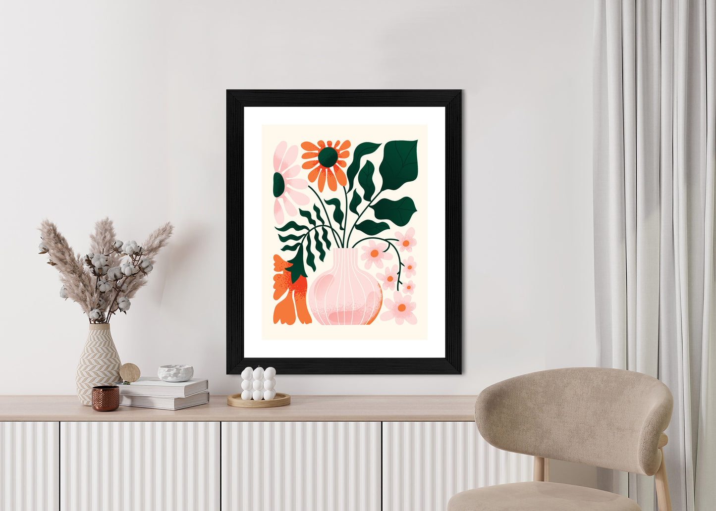Poster Ein Blumenstrauß In Einer Rosa Vase Rahmen Holz Mit Passepartout Farbe Natürlich