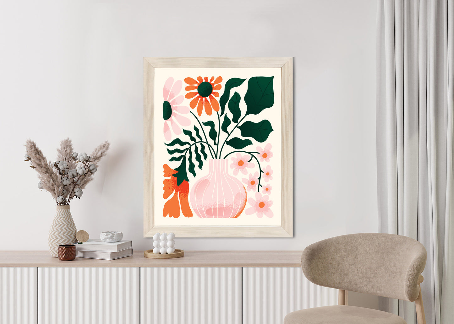 Poster Ein Blumenstrauß In Einer Rosa Vase Rahmen Holz Mit Passepartout Farbe Natürlich