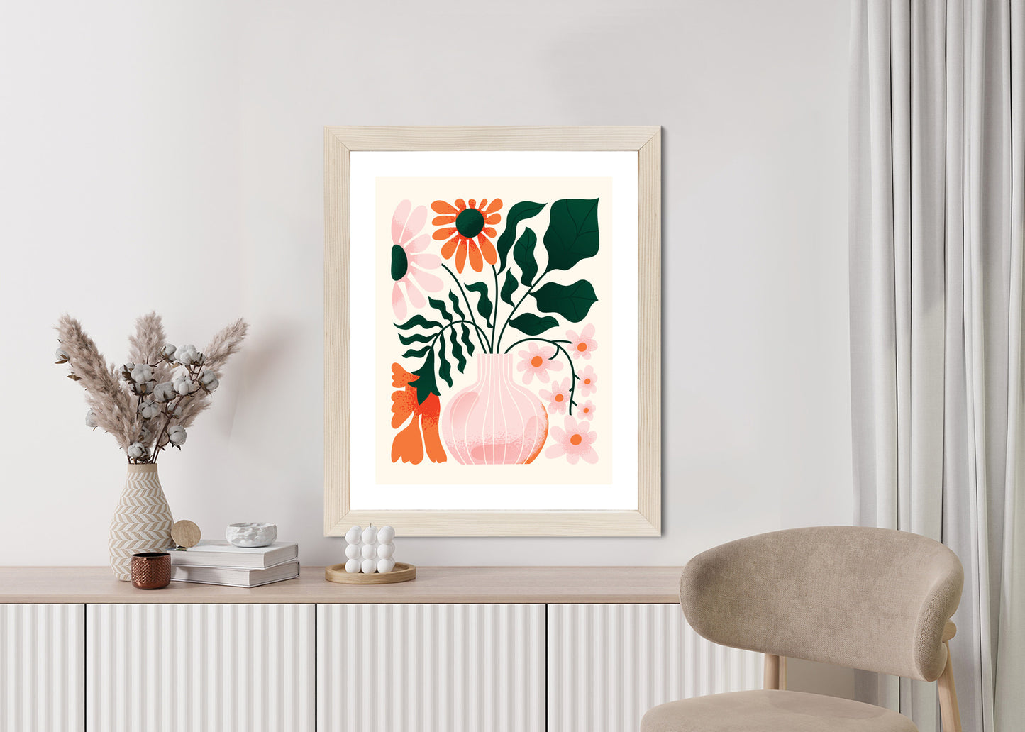 Poster Ein Blumenstrauß In Einer Rosa Vase Rahmen Holz Mit Passepartout Farbe Natürlich