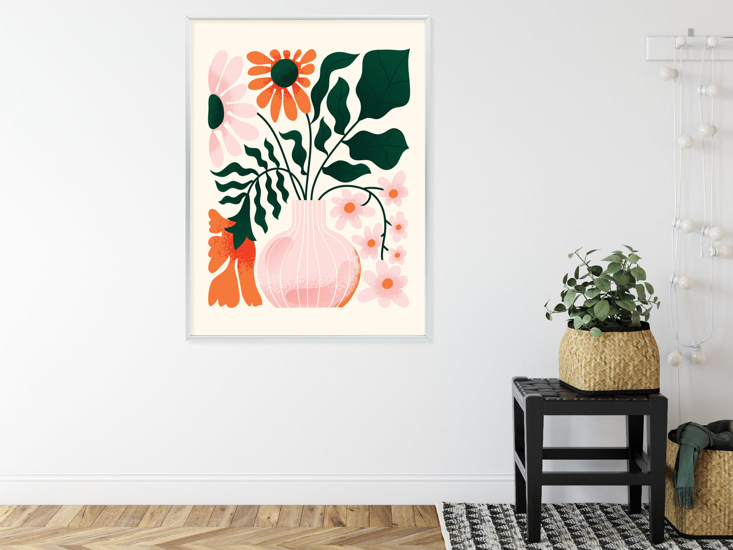 Poster Ein Blumenstrauß In Einer Rosa Vase Rahmen Holz Mit Passepartout Farbe Natürlich