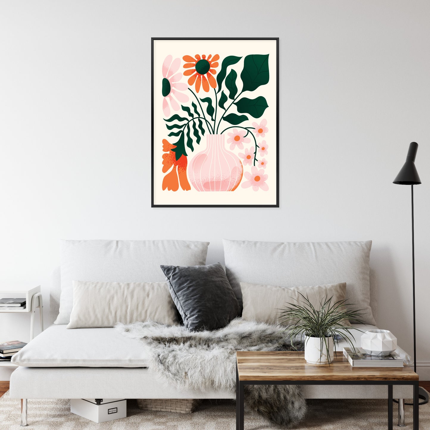 Poster Ein Blumenstrauß In Einer Rosa Vase Rahmen Holz Mit Passepartout Farbe Natürlich