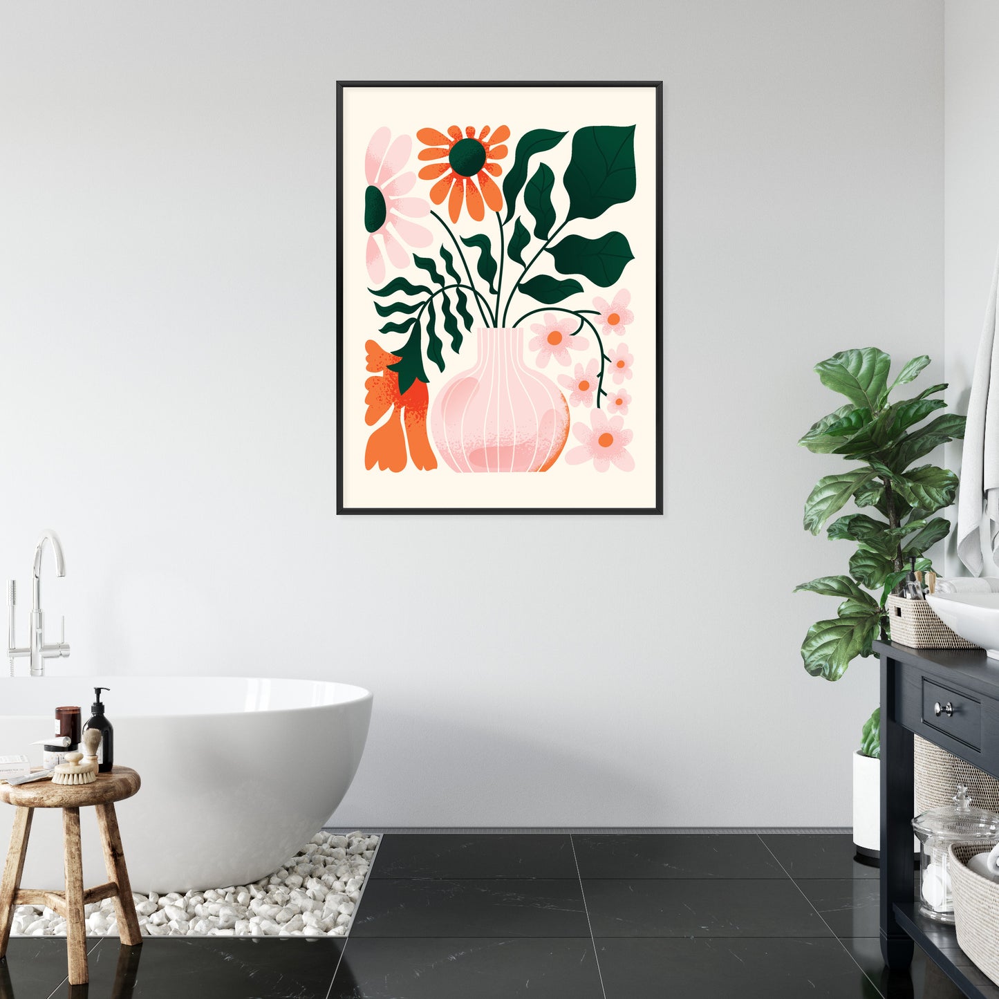 Poster Ein Blumenstrauß In Einer Rosa Vase Rahmen Holz Mit Passepartout Farbe Natürlich