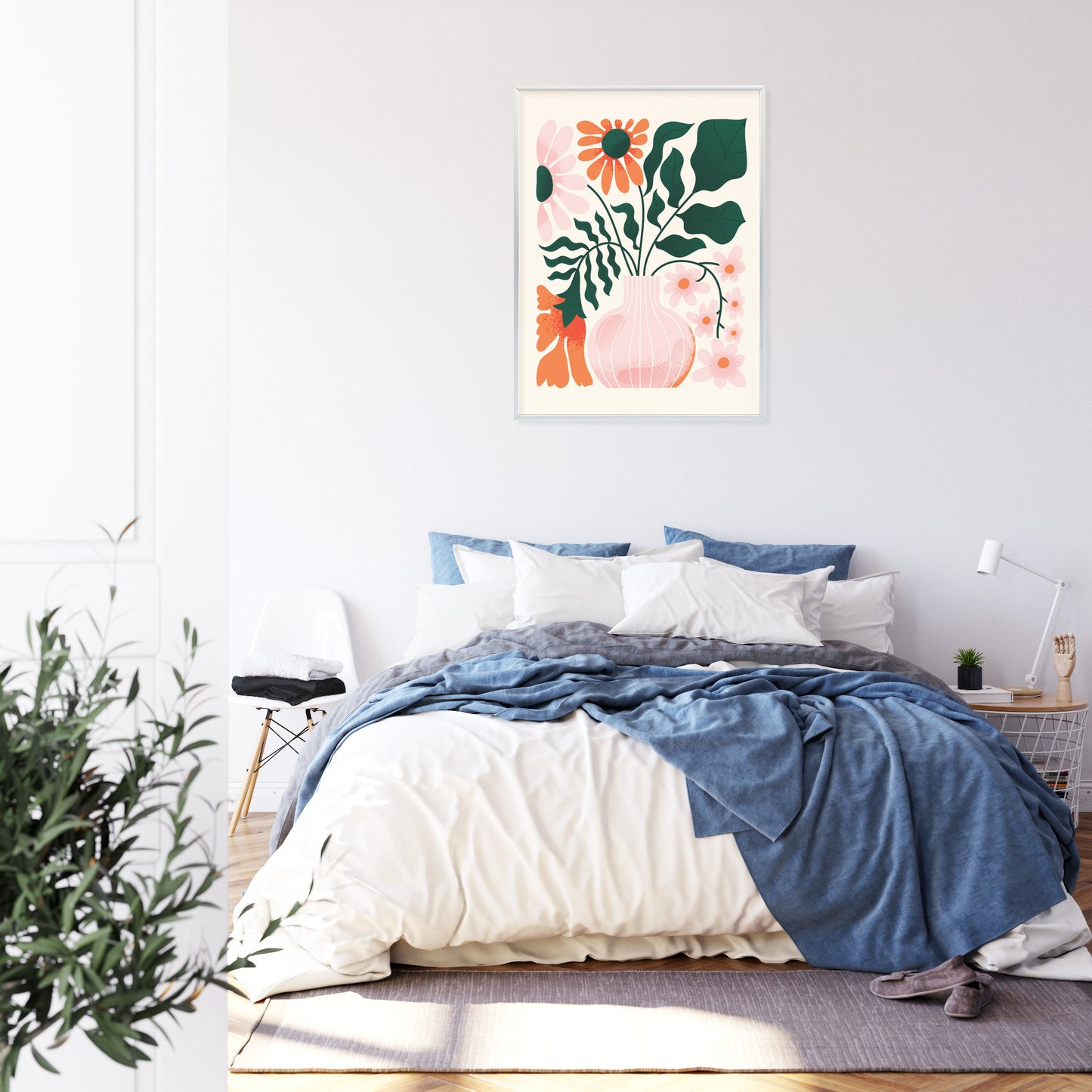 Poster Ein Blumenstrauß In Einer Rosa Vase Rahmen Holz Mit Passepartout Farbe Natürlich