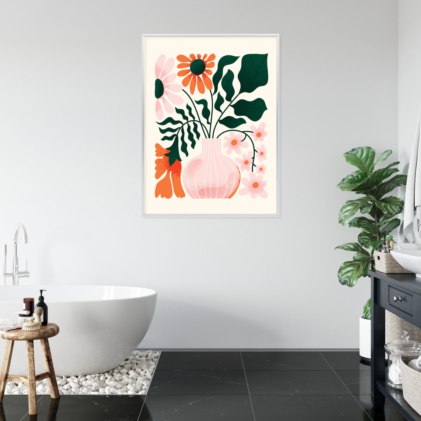 Poster Ein Blumenstrauß In Einer Rosa Vase Rahmen Holz Mit Passepartout Farbe Natürlich