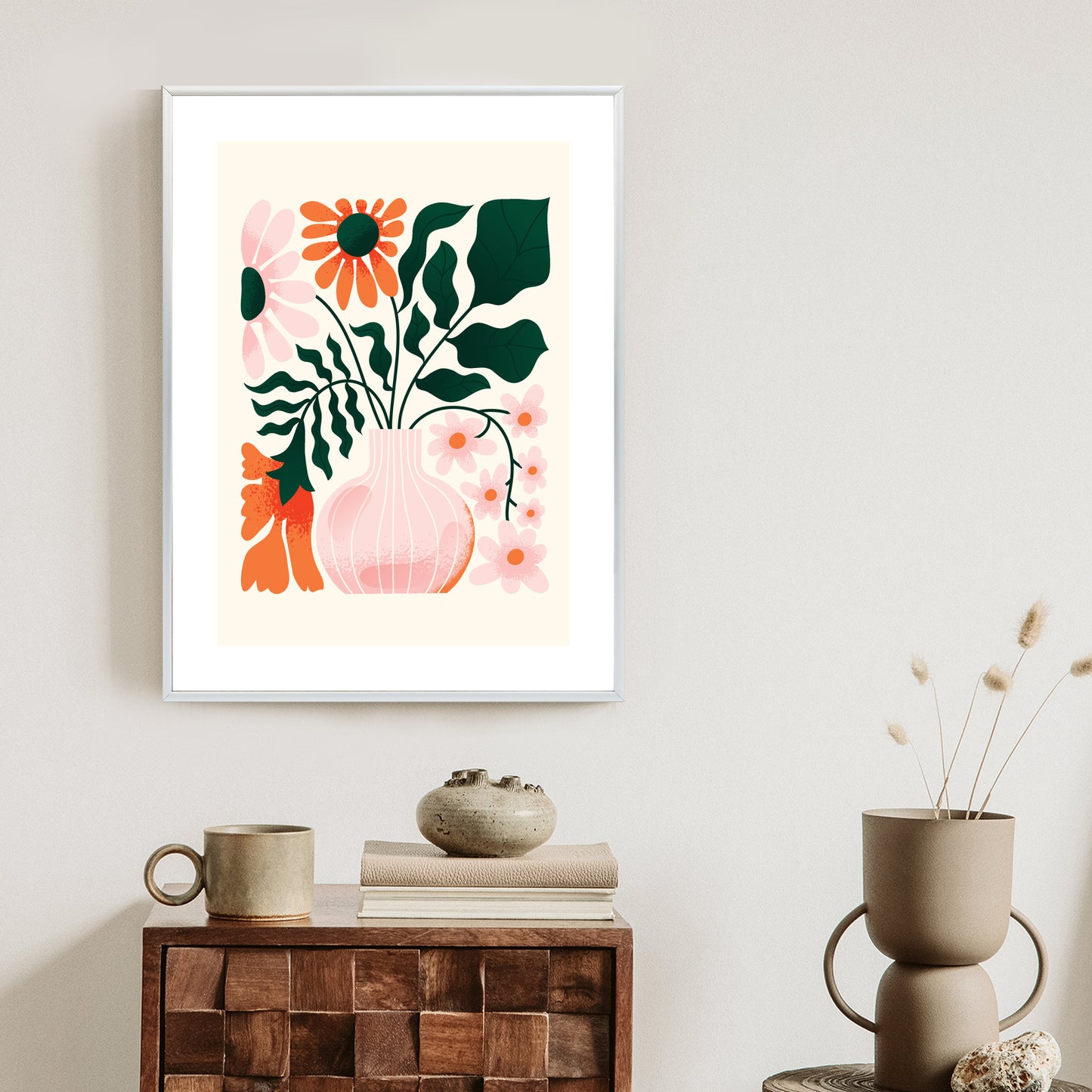 Poster Ein Blumenstrauß In Einer Rosa Vase Rahmen Holz Mit Passepartout Farbe Natürlich