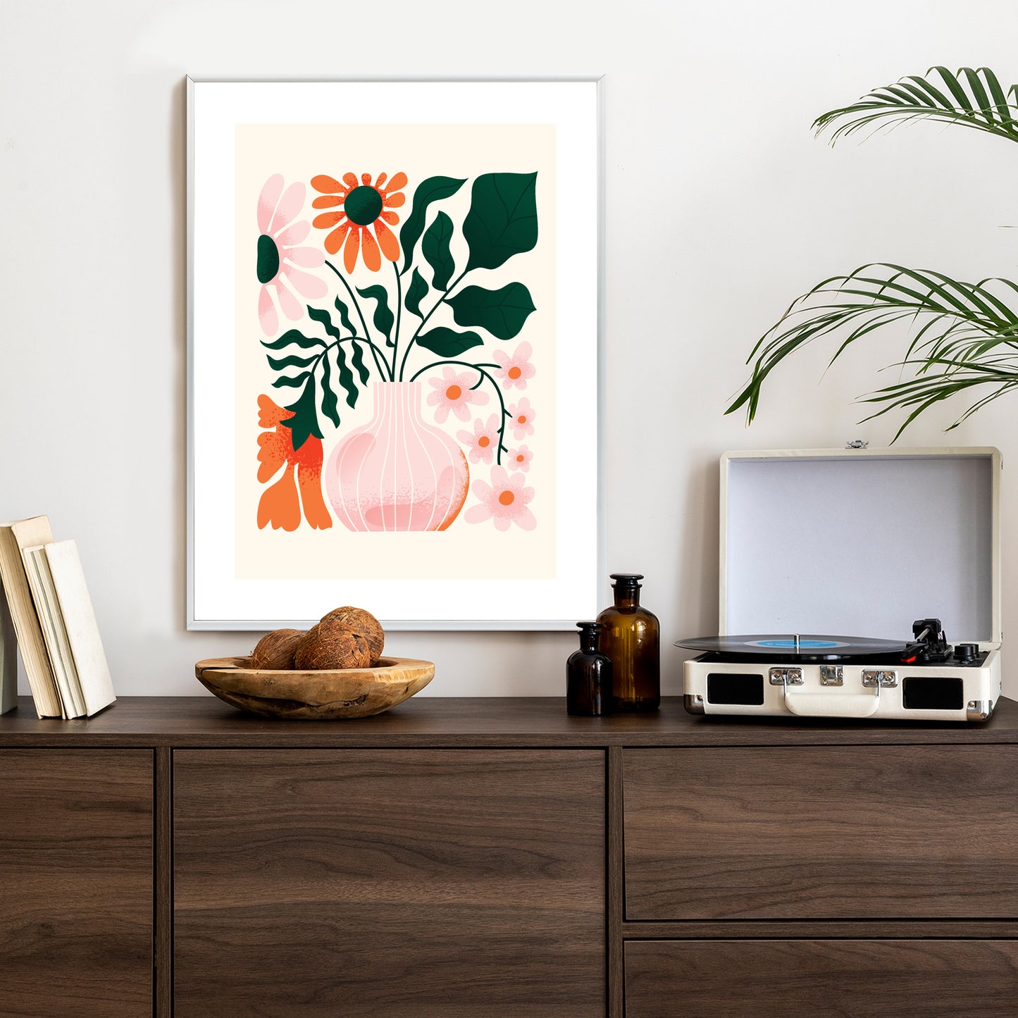 Poster Ein Blumenstrauß In Einer Rosa Vase Rahmen Holz Mit Passepartout Farbe Natürlich