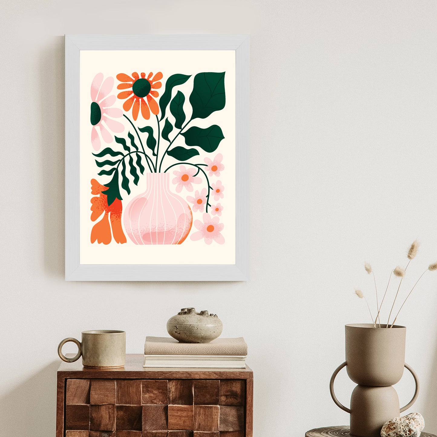 Poster Ein Blumenstrauß In Einer Rosa Vase Rahmen Holz Mit Passepartout Farbe Natürlich