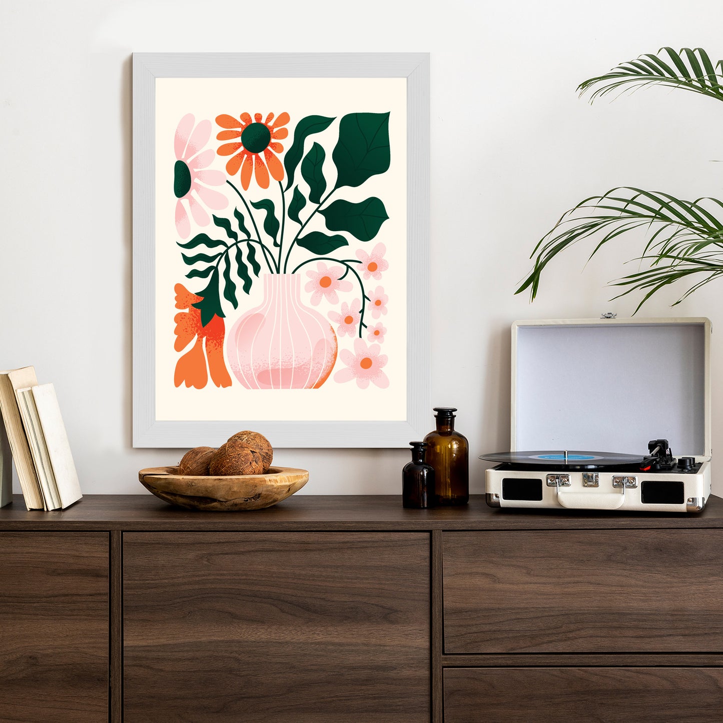 Poster Ein Blumenstrauß In Einer Rosa Vase Rahmen Holz Mit Passepartout Farbe Natürlich