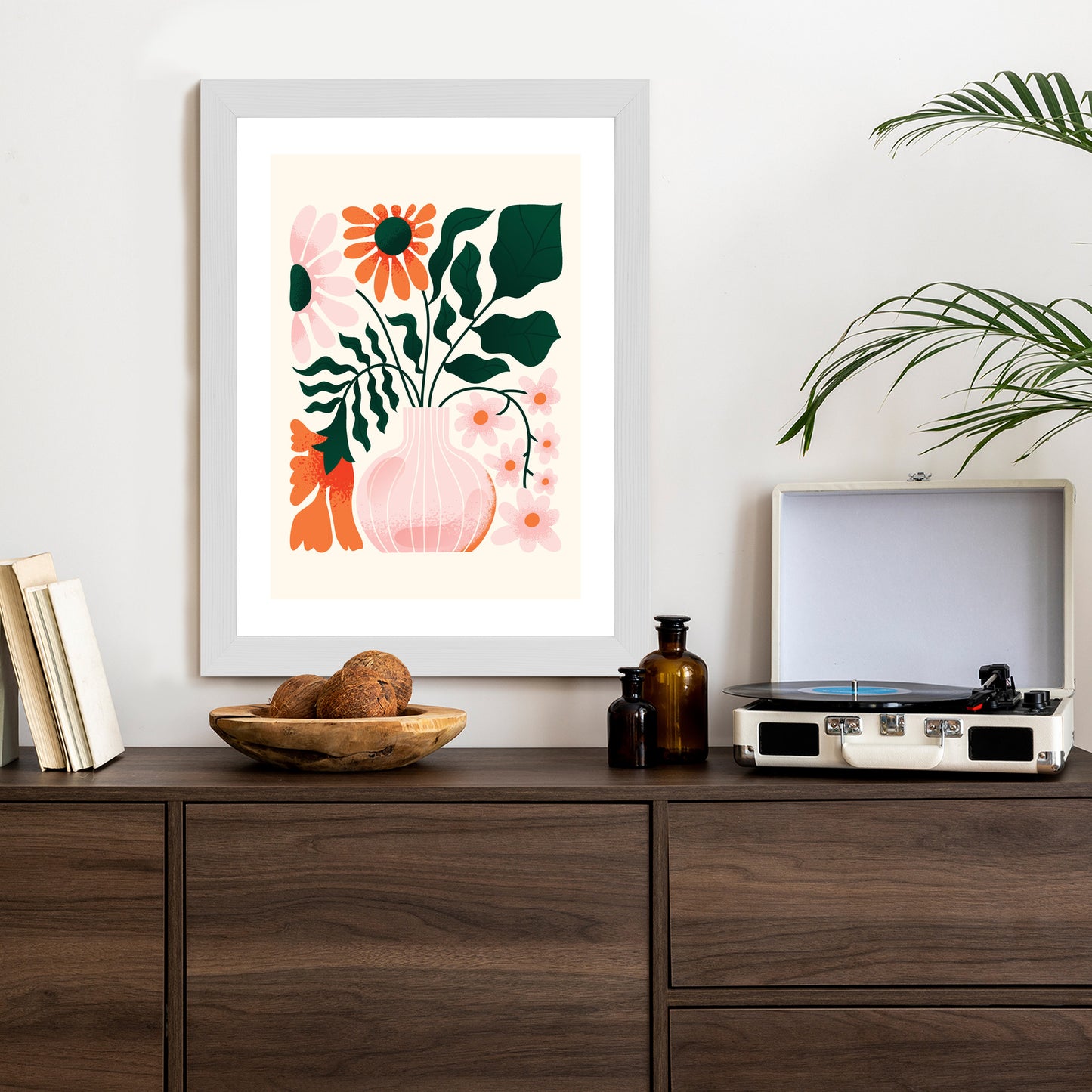 Poster Ein Blumenstrauß In Einer Rosa Vase Rahmen Holz Mit Passepartout Farbe Natürlich