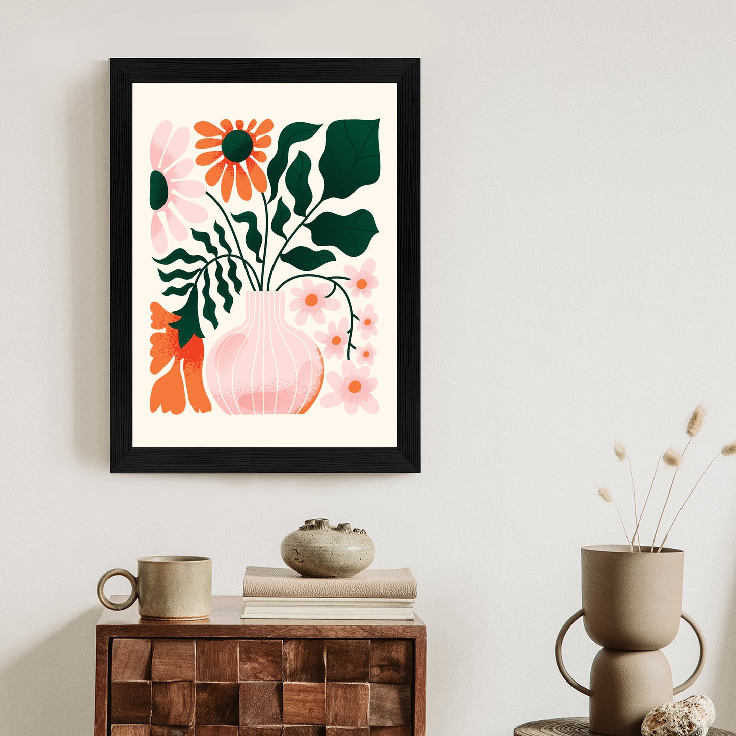 Poster Ein Blumenstrauß In Einer Rosa Vase Rahmen Holz Mit Passepartout Farbe Natürlich