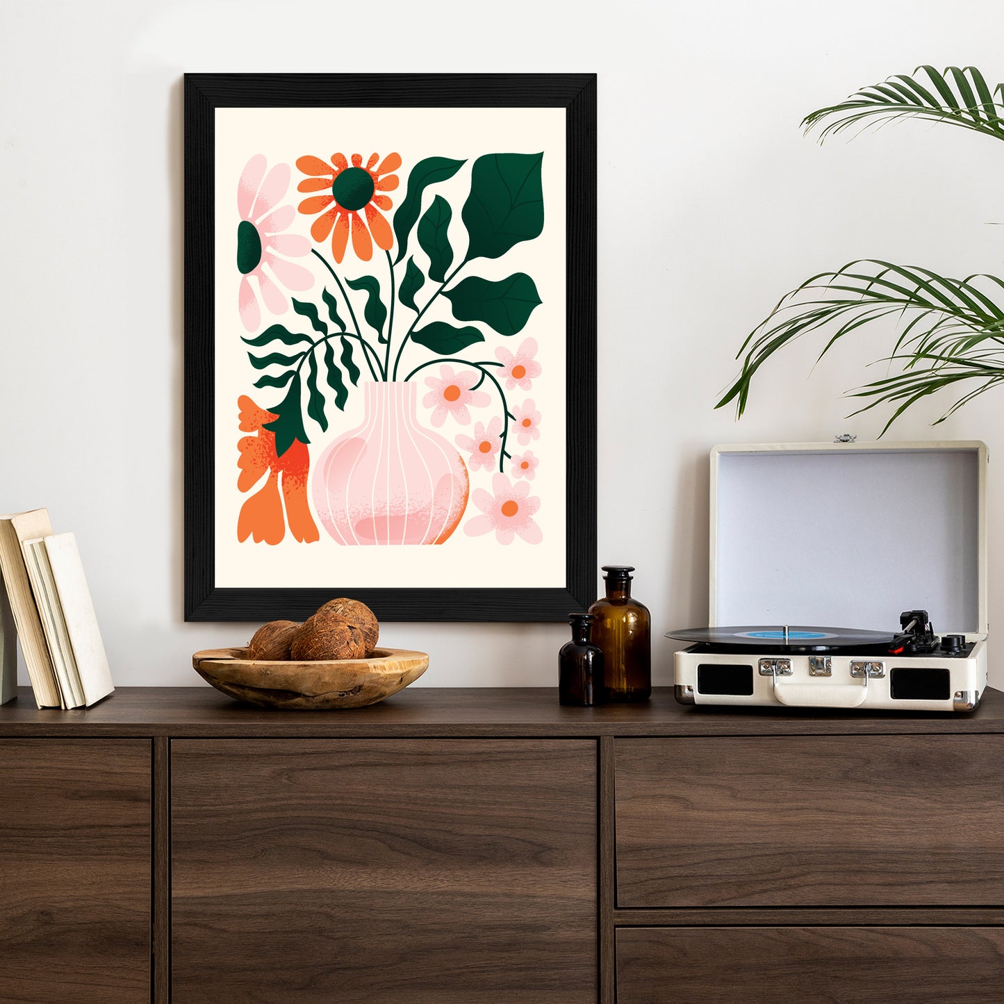 Poster Ein Blumenstrauß In Einer Rosa Vase Rahmen Holz Mit Passepartout Farbe Natürlich