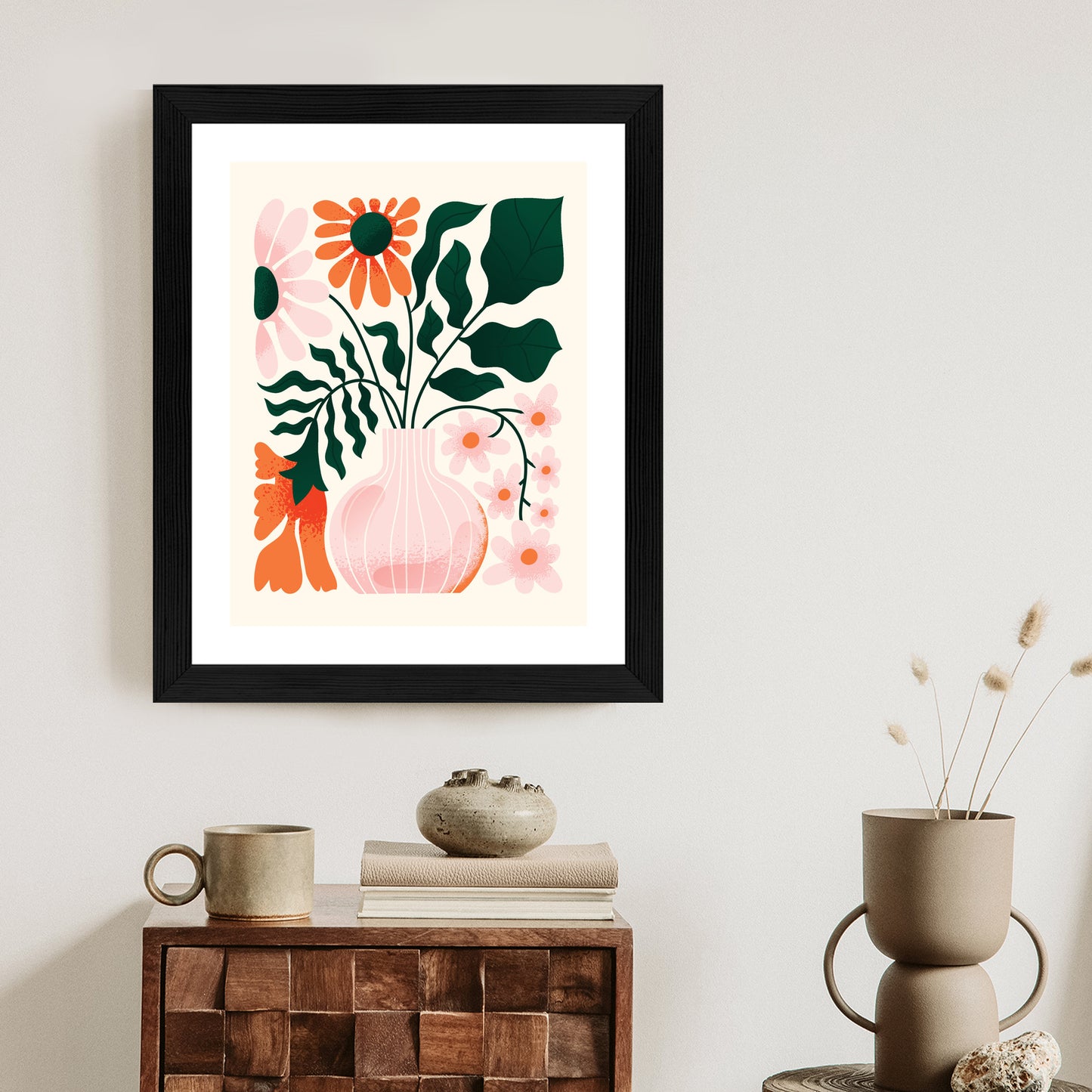 Poster Ein Blumenstrauß In Einer Rosa Vase Rahmen Holz Mit Passepartout Farbe Natürlich