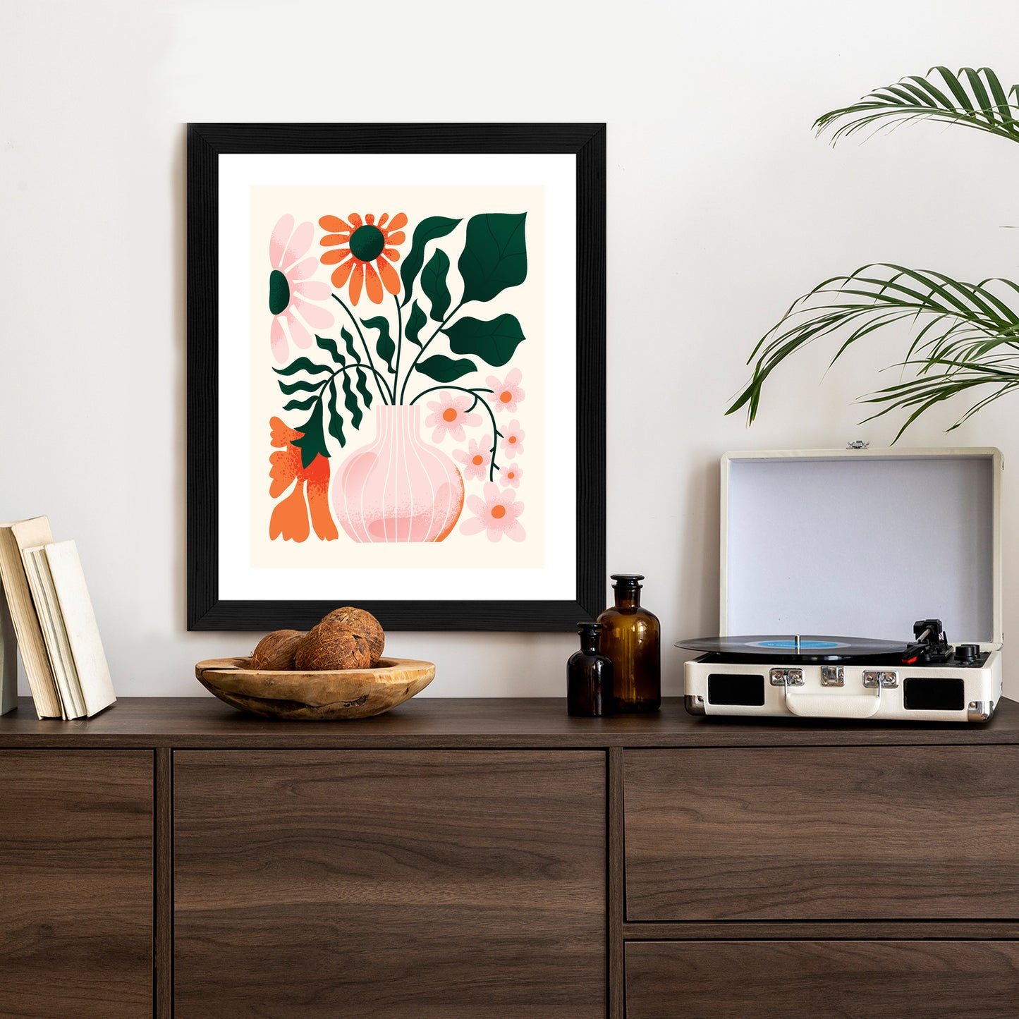 Poster Ein Blumenstrauß In Einer Rosa Vase Rahmen Holz Mit Passepartout Farbe Natürlich