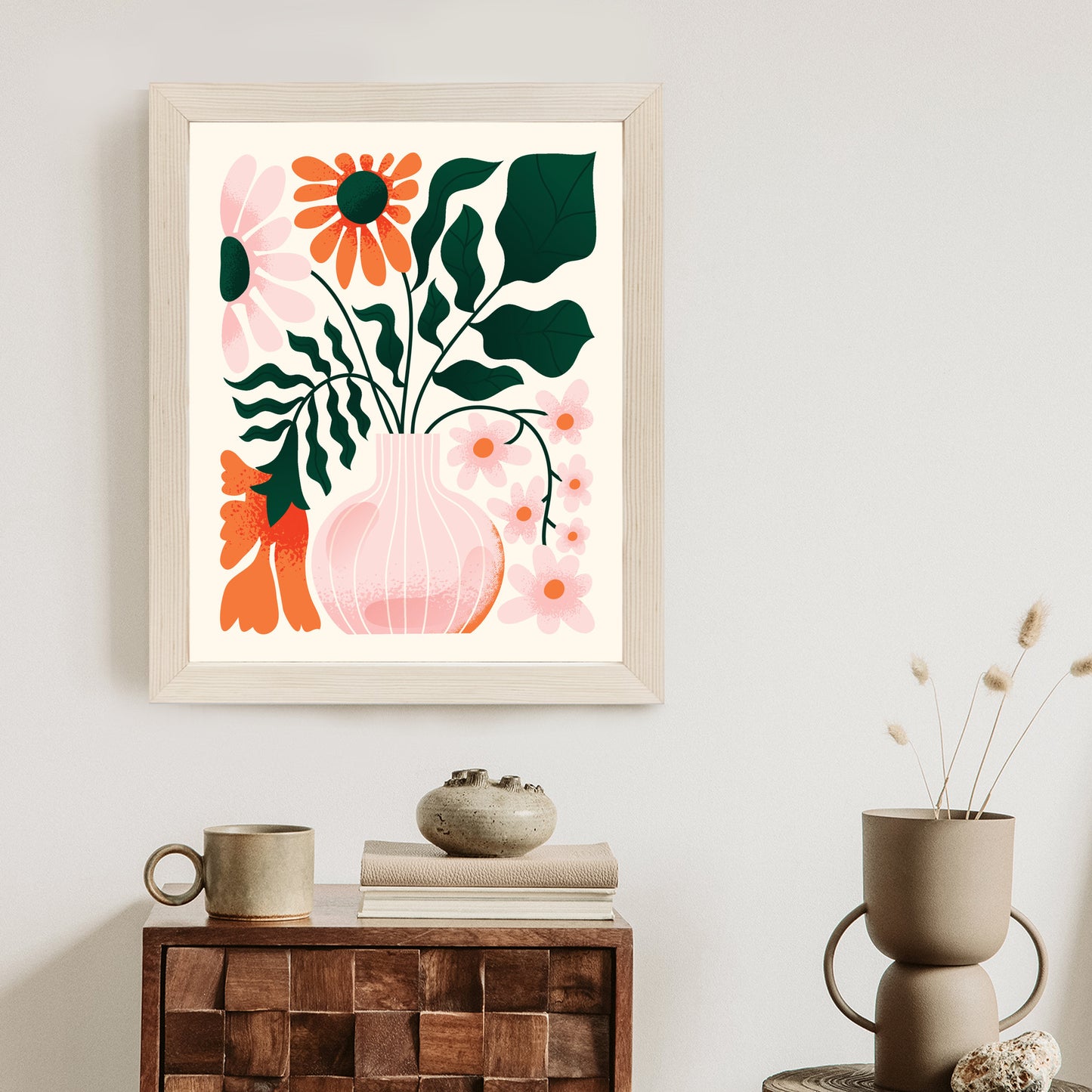 Poster Ein Blumenstrauß In Einer Rosa Vase Rahmen Holz Mit Passepartout Farbe Natürlich