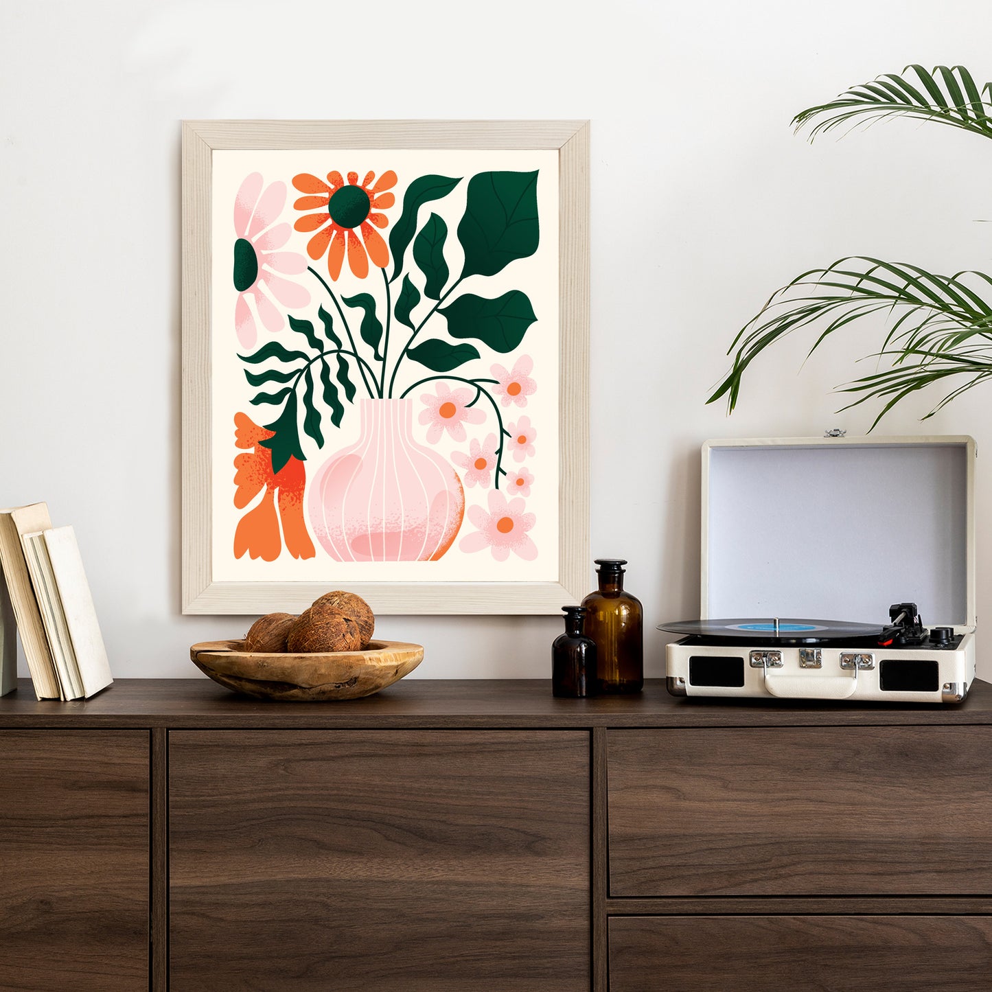 Poster Ein Blumenstrauß In Einer Rosa Vase Rahmen Holz Mit Passepartout Farbe Natürlich