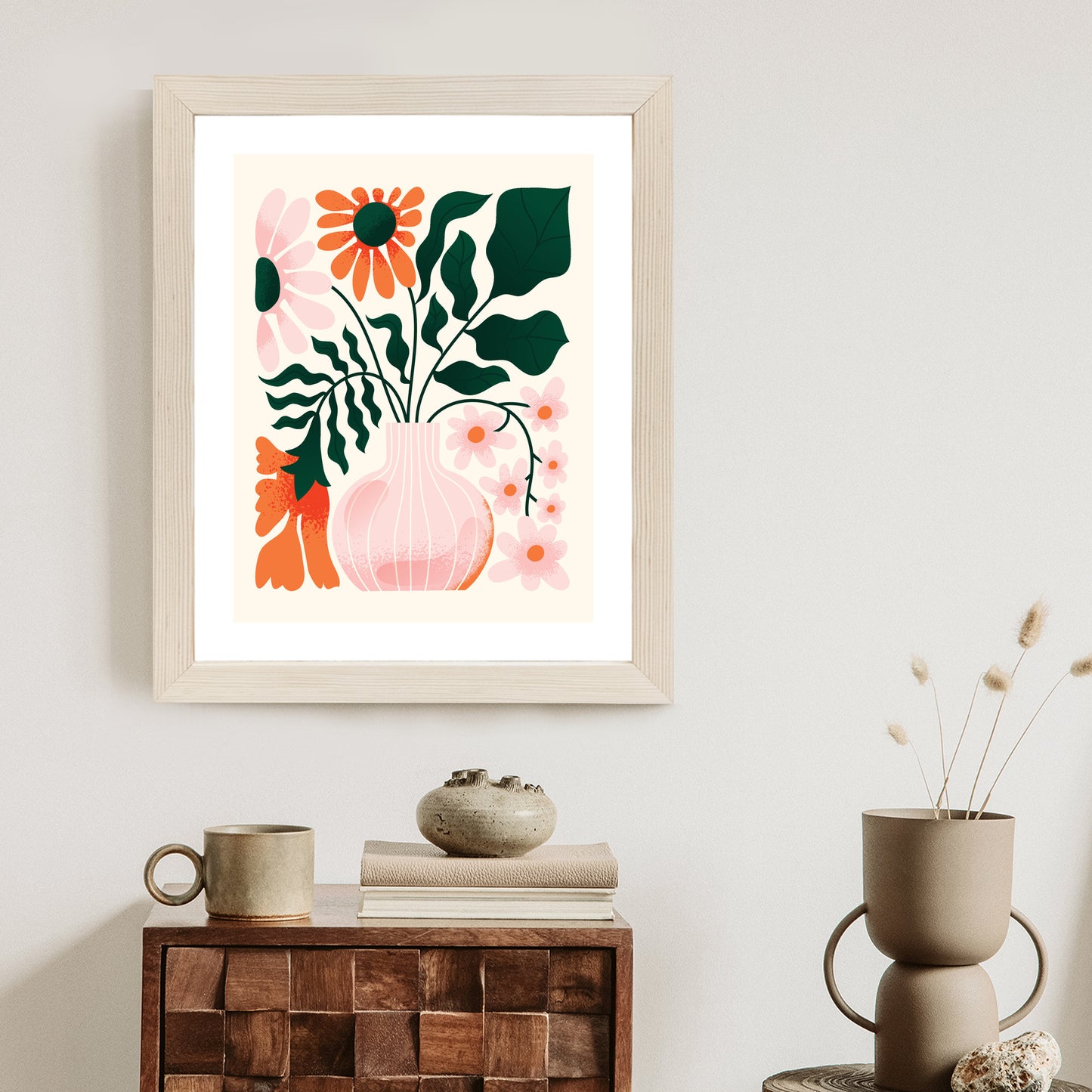 Poster Ein Blumenstrauß In Einer Rosa Vase Rahmen Holz Mit Passepartout Farbe Natürlich
