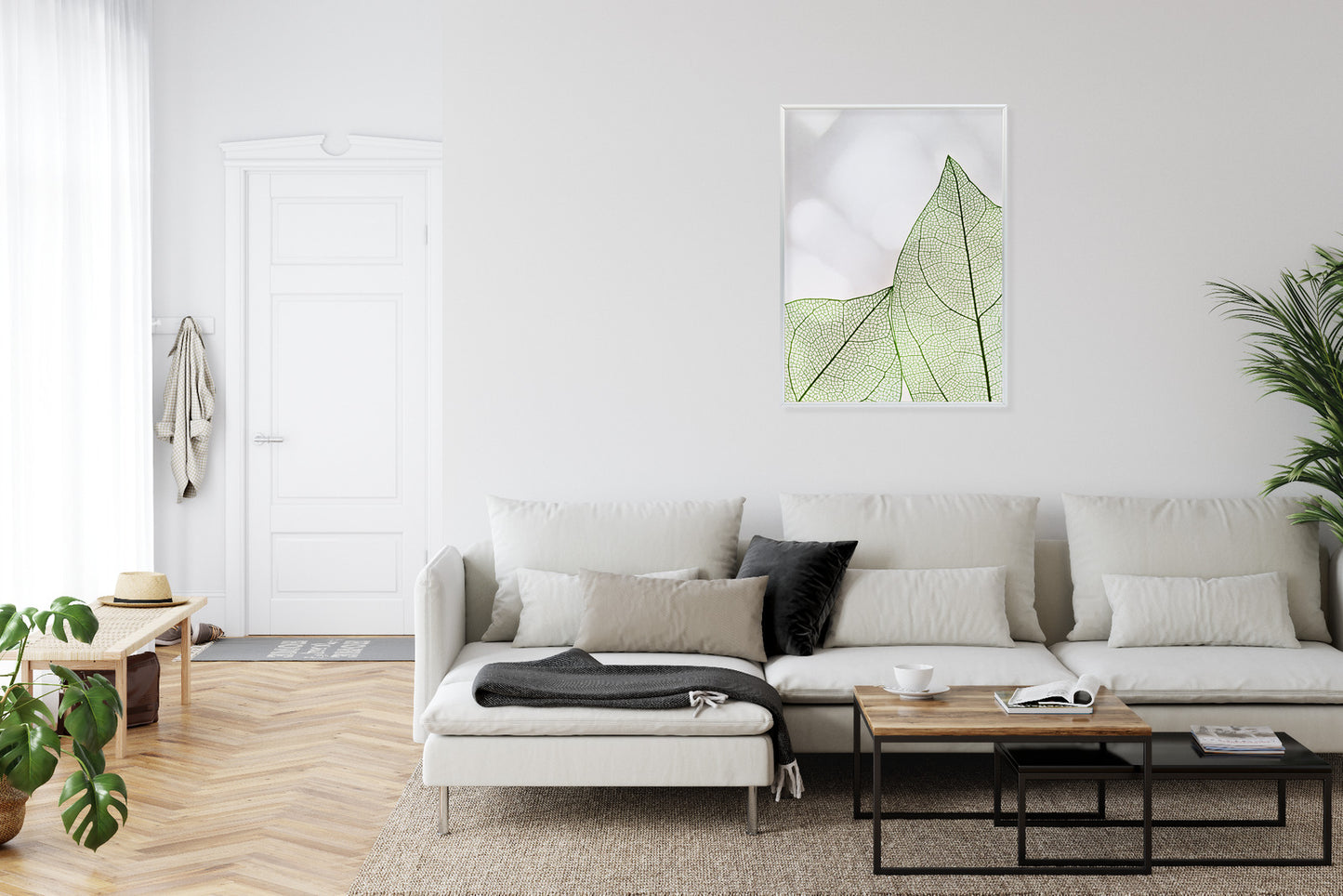 Poster Grüne Transparente Blätter Auf Hellem Hintergrund