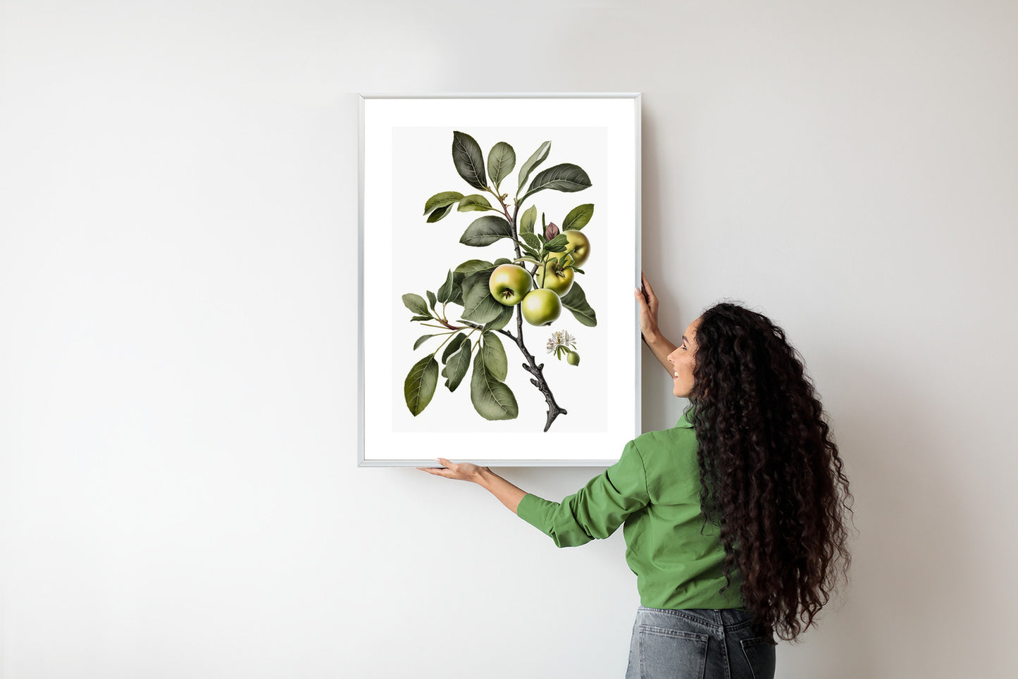 Poster Grüner Zweig Mit Äpfeln Rahmen Holz Mit Passepartout Farbe Natürlich