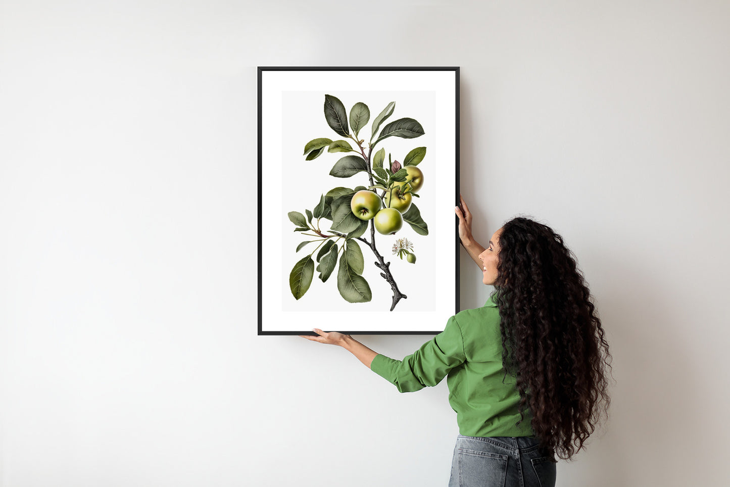 Poster Grüner Zweig Mit Äpfeln Rahmen Holz Mit Passepartout Farbe Natürlich