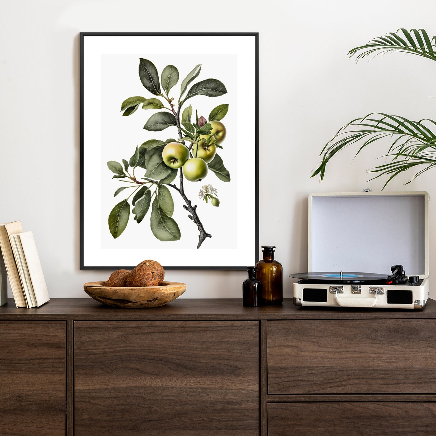 Poster Grüner Zweig Mit Äpfeln Rahmen Holz Mit Passepartout Farbe Natürlich