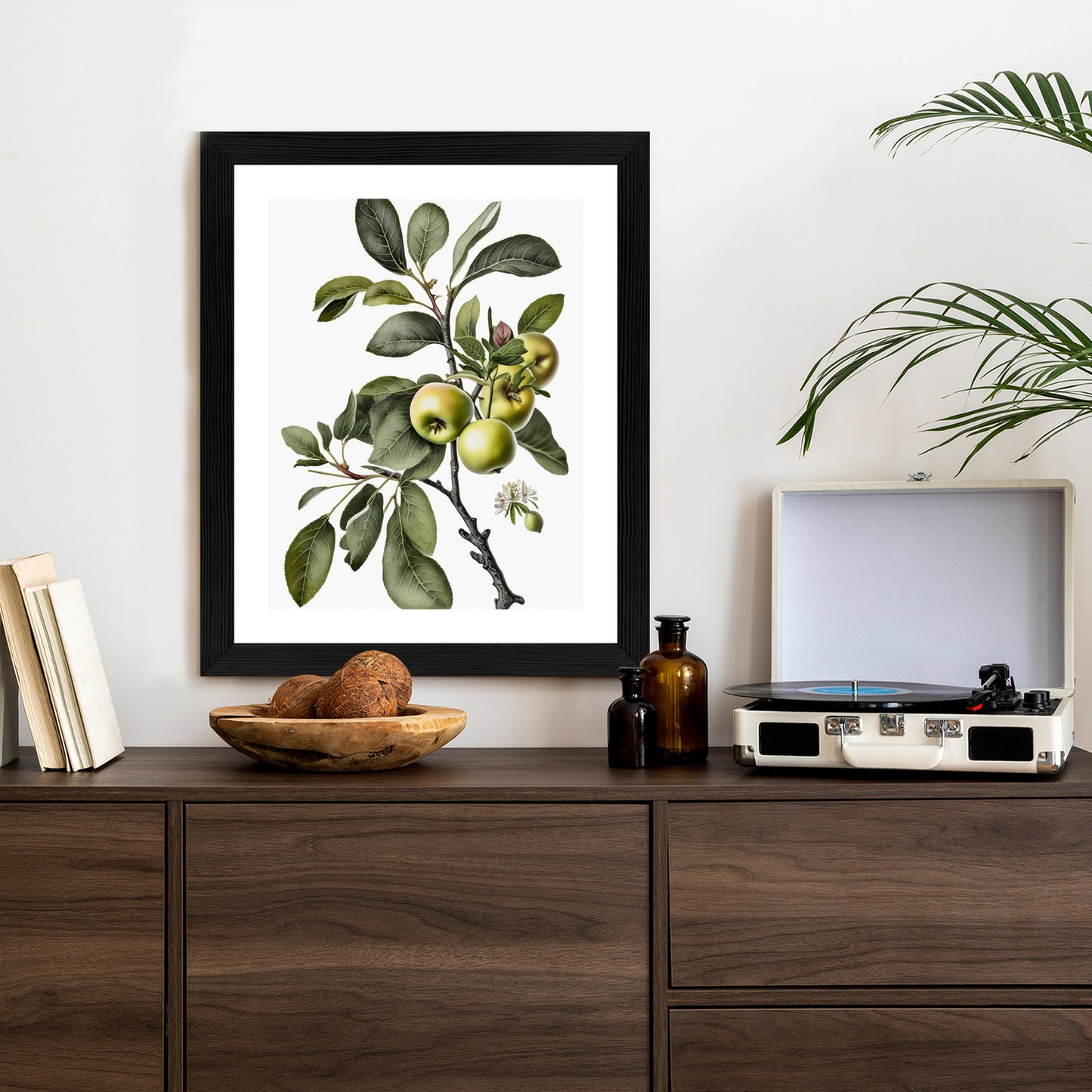 Poster Grüner Zweig Mit Äpfeln Rahmen Holz Mit Passepartout Farbe Natürlich