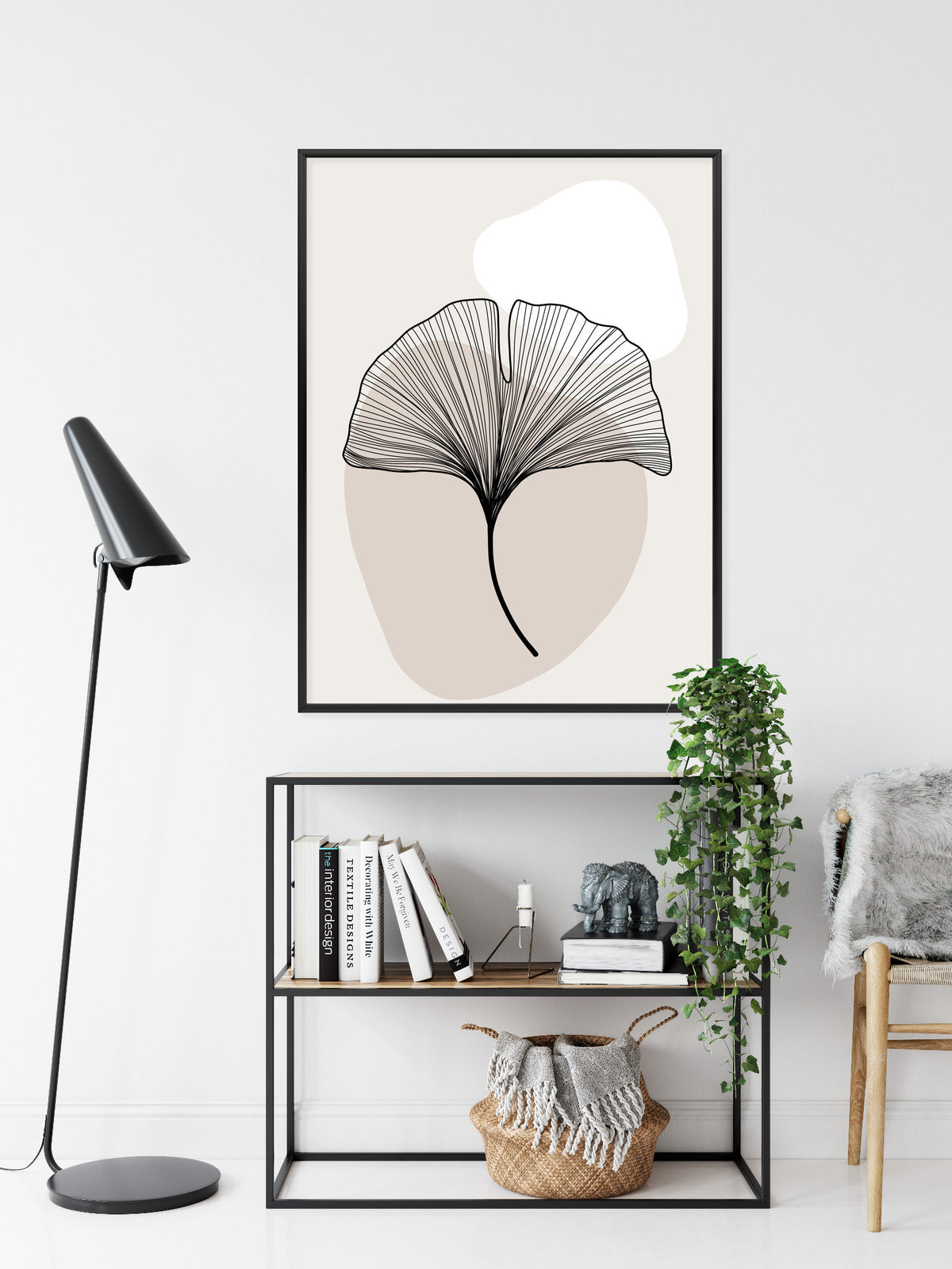Poster Minimalistisches Ginkgoblatt Rahmen Holz Mit Passepartout Farbe Natürlich