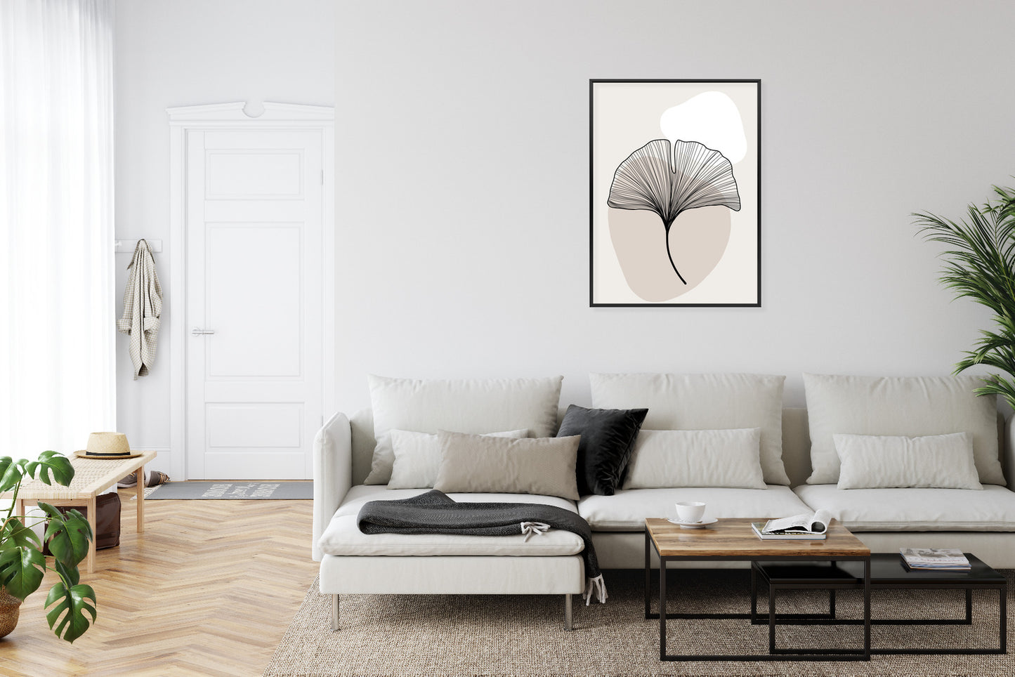 Poster Minimalistisches Ginkgoblatt Rahmen Holz Mit Passepartout Farbe Natürlich