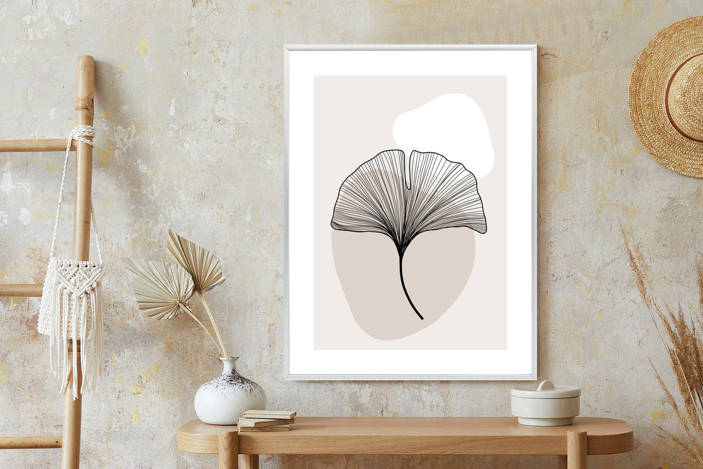 Poster Minimalistisches Ginkgoblatt Rahmen Holz Mit Passepartout Farbe Natürlich