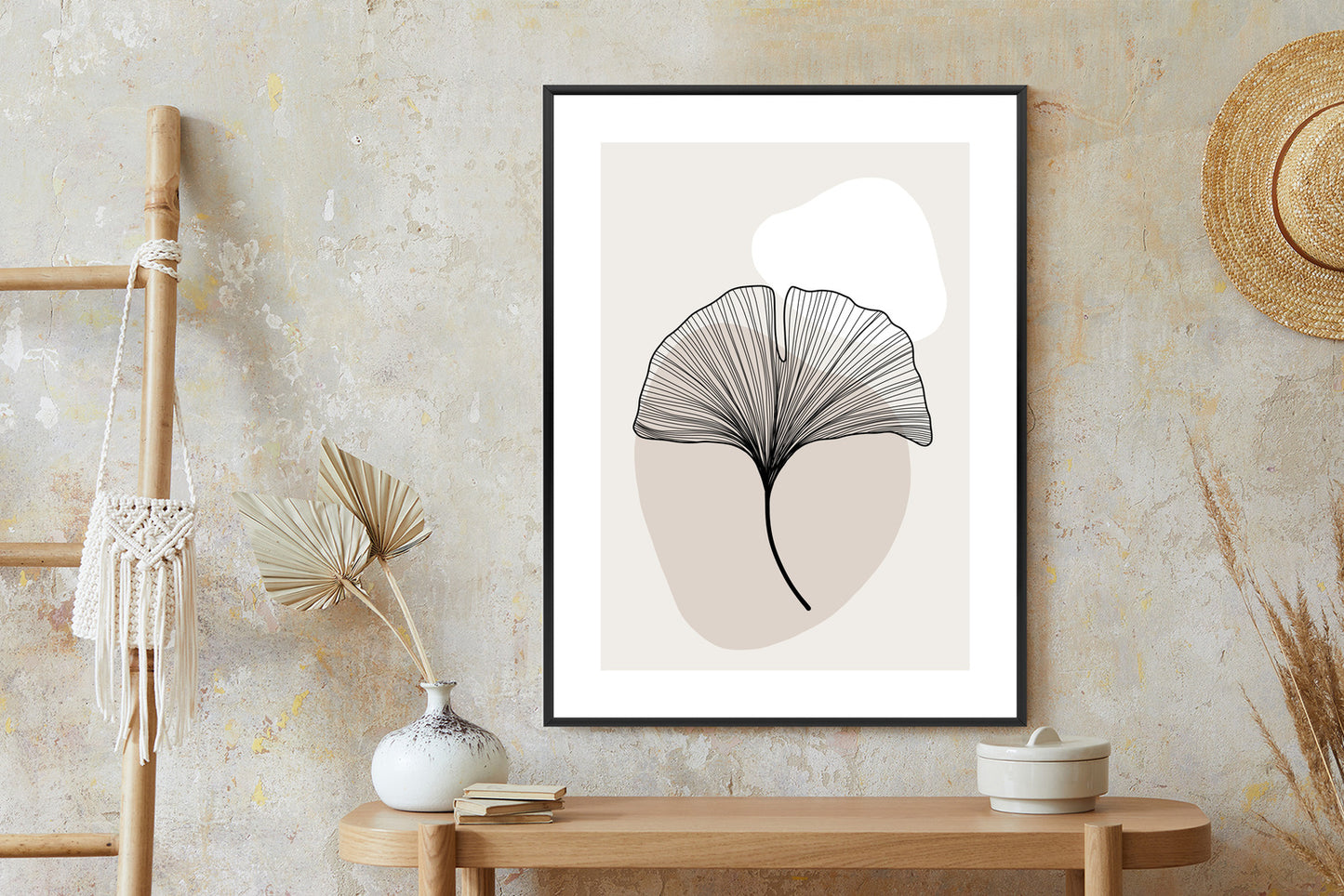 Poster Minimalistisches Ginkgoblatt Rahmen Holz Mit Passepartout Farbe Natürlich