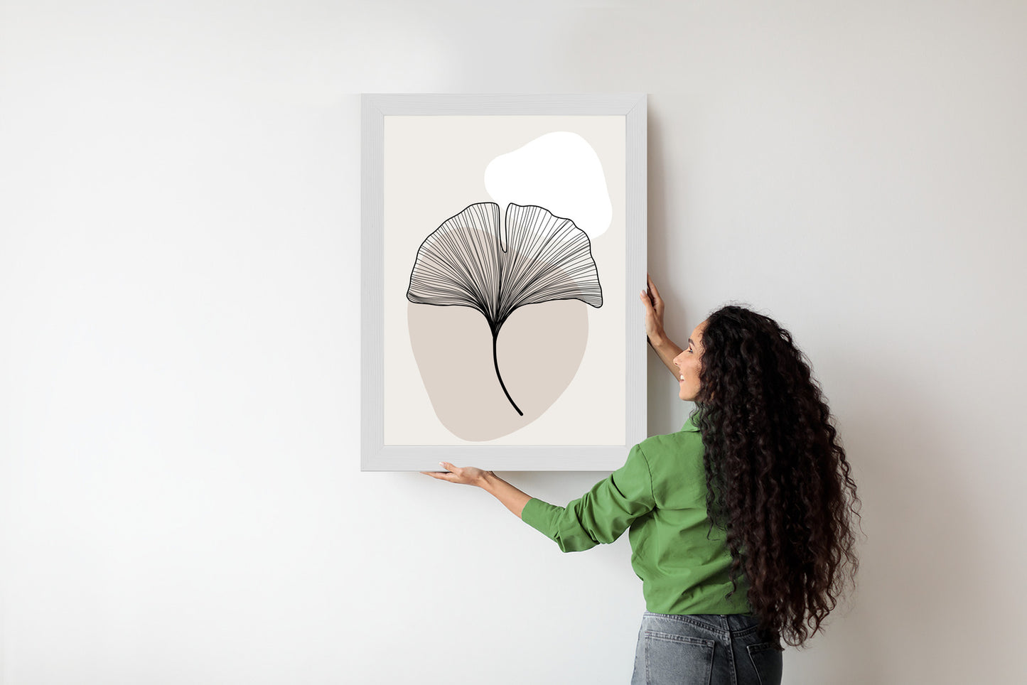 Poster Minimalistisches Ginkgoblatt Rahmen Holz Mit Passepartout Farbe Natürlich