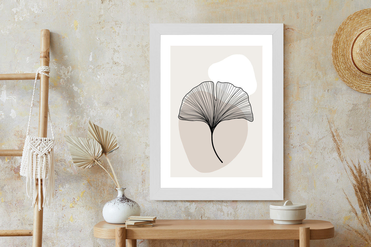 Poster Minimalistisches Ginkgoblatt Rahmen Holz Mit Passepartout Farbe Natürlich