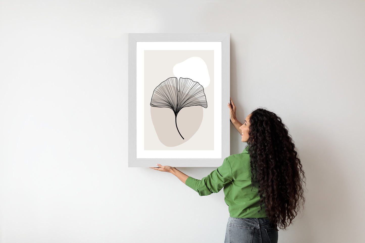 Poster Minimalistisches Ginkgoblatt Rahmen Holz Mit Passepartout Farbe Natürlich