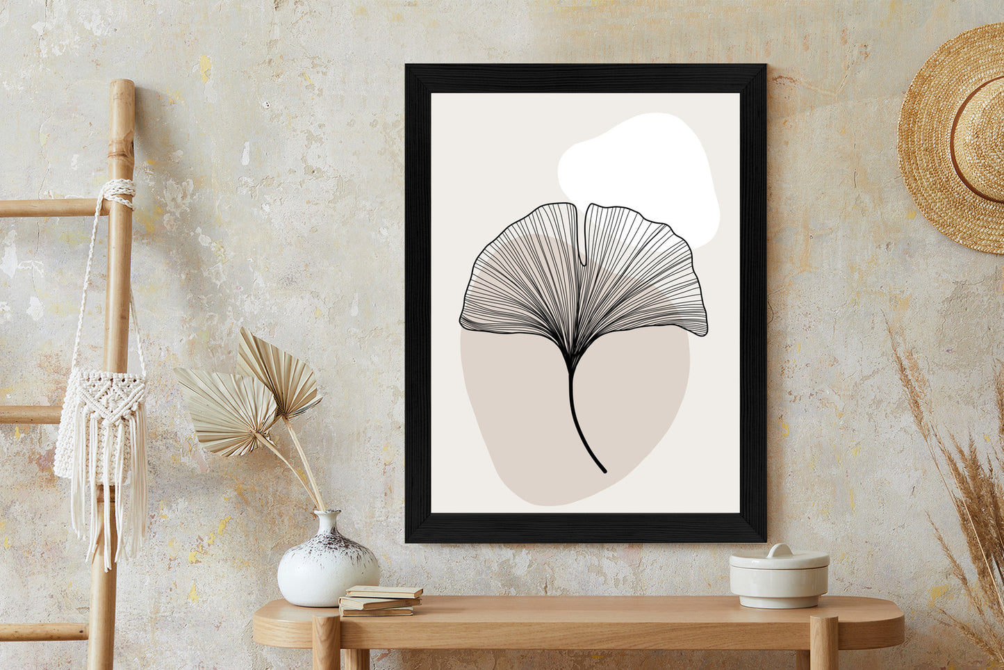 Poster Minimalistisches Ginkgoblatt Rahmen Holz Mit Passepartout Farbe Natürlich