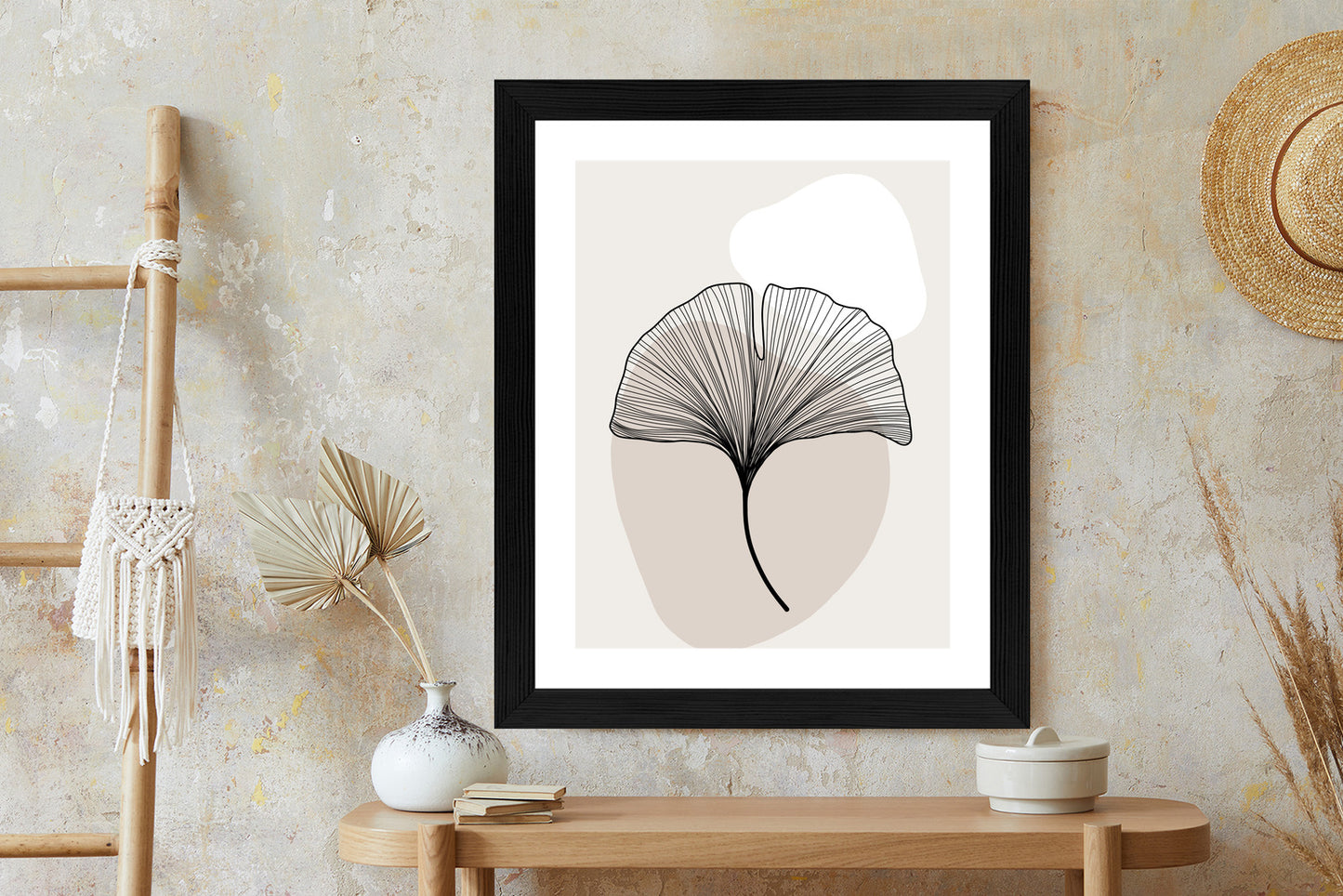 Poster Minimalistisches Ginkgoblatt Rahmen Holz Mit Passepartout Farbe Natürlich