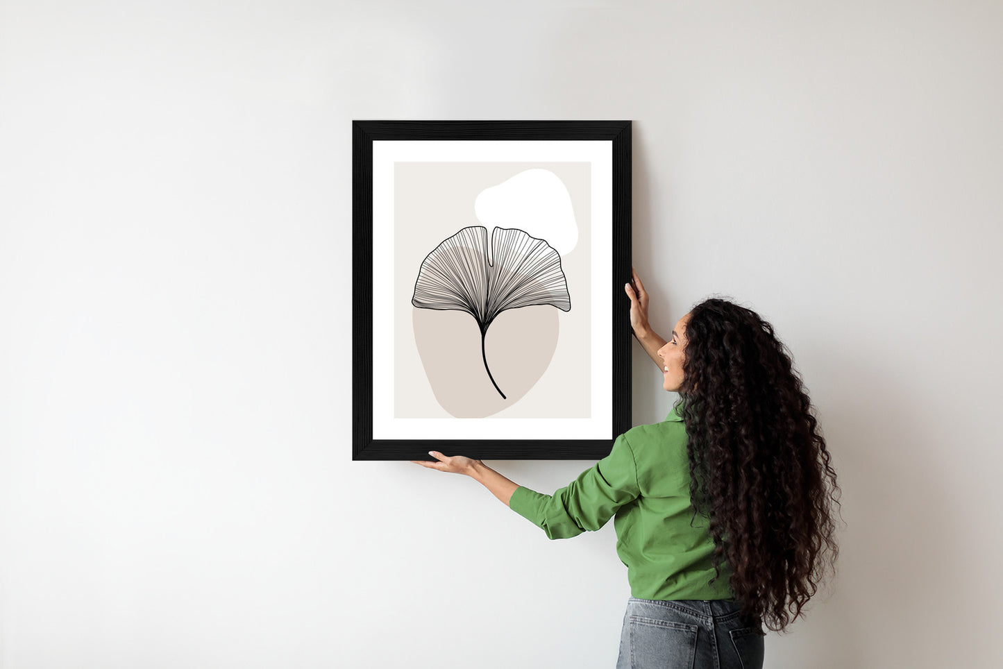 Poster Minimalistisches Ginkgoblatt Rahmen Holz Mit Passepartout Farbe Natürlich
