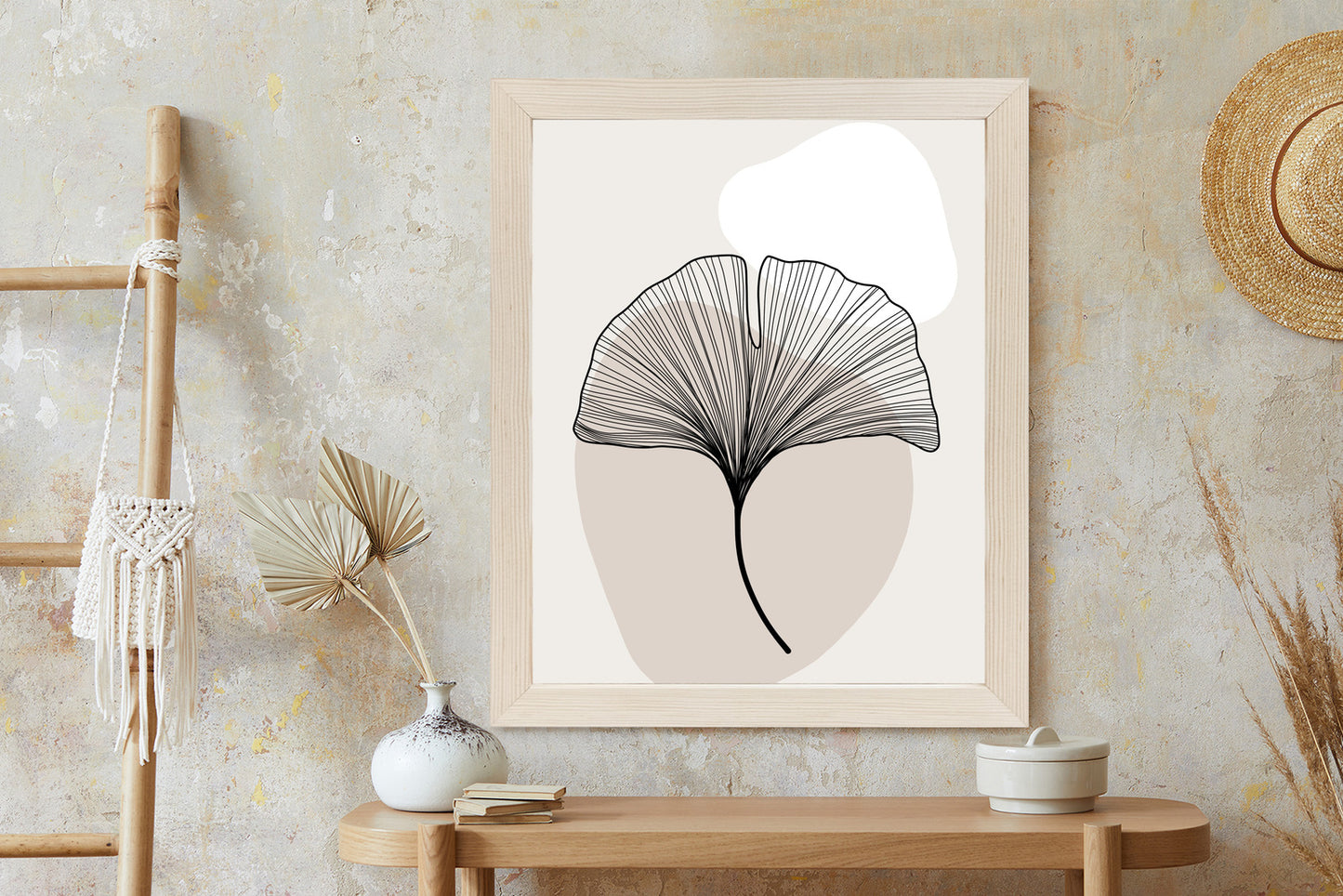 Poster Minimalistisches Ginkgoblatt Rahmen Holz Mit Passepartout Farbe Natürlich