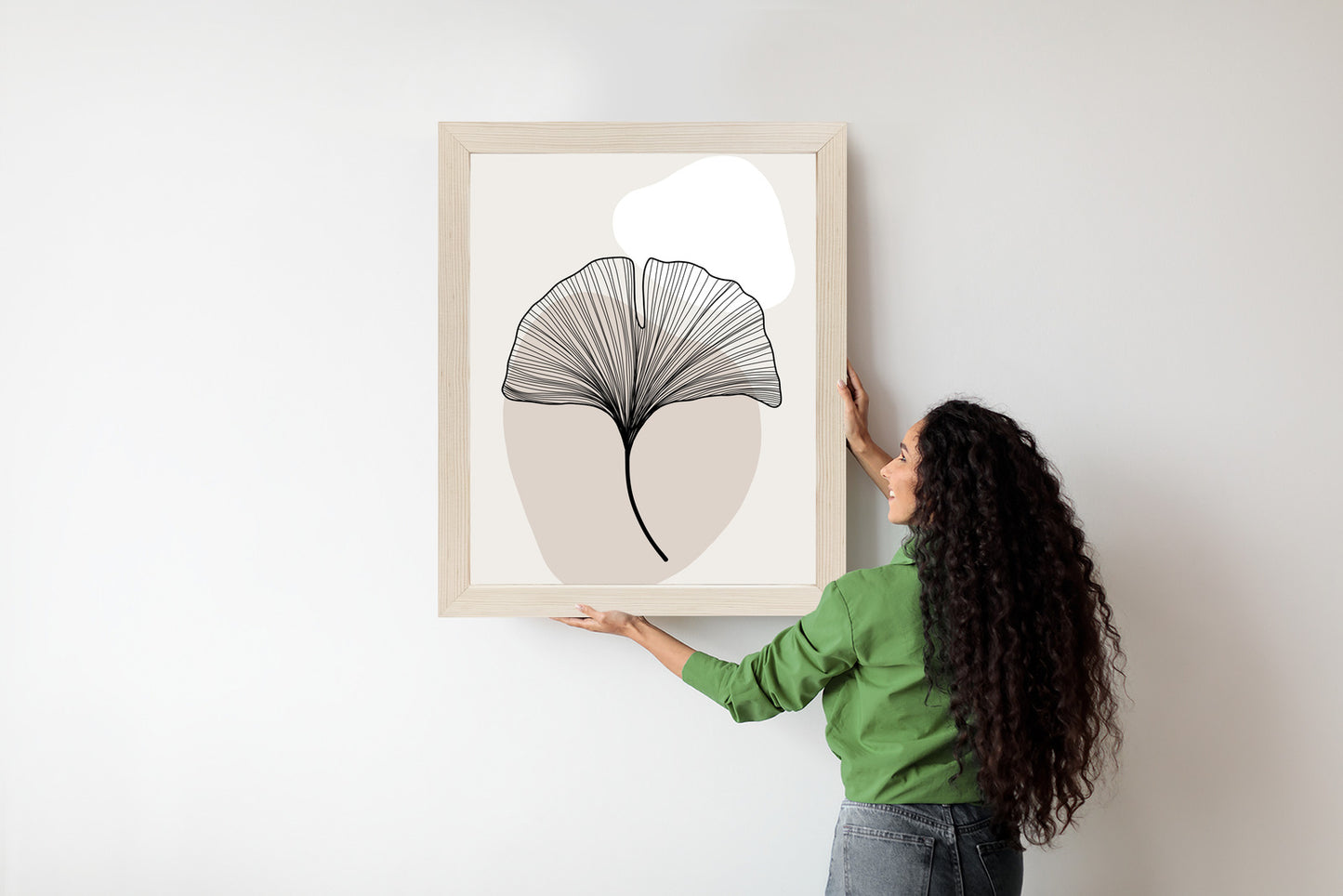 Poster Minimalistisches Ginkgoblatt Rahmen Holz Mit Passepartout Farbe Natürlich
