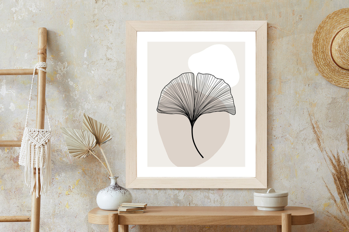 Poster Minimalistisches Ginkgoblatt Rahmen Holz Mit Passepartout Farbe Natürlich