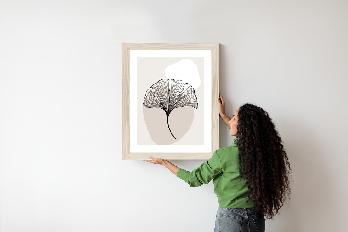 Poster Minimalistisches Ginkgoblatt Rahmen Holz Mit Passepartout Farbe Natürlich