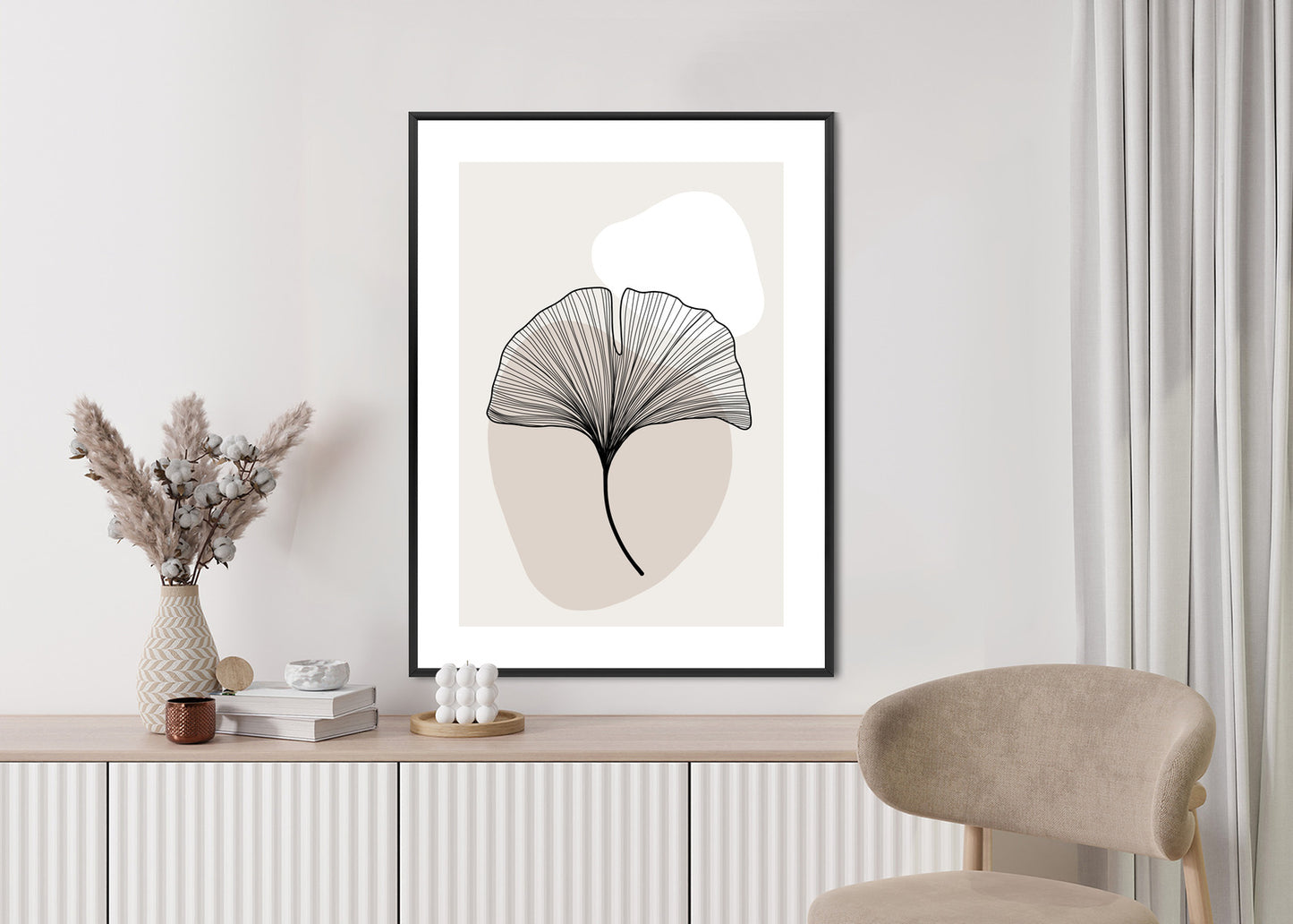 Poster Minimalistisches Ginkgoblatt Rahmen Holz Mit Passepartout Farbe Natürlich
